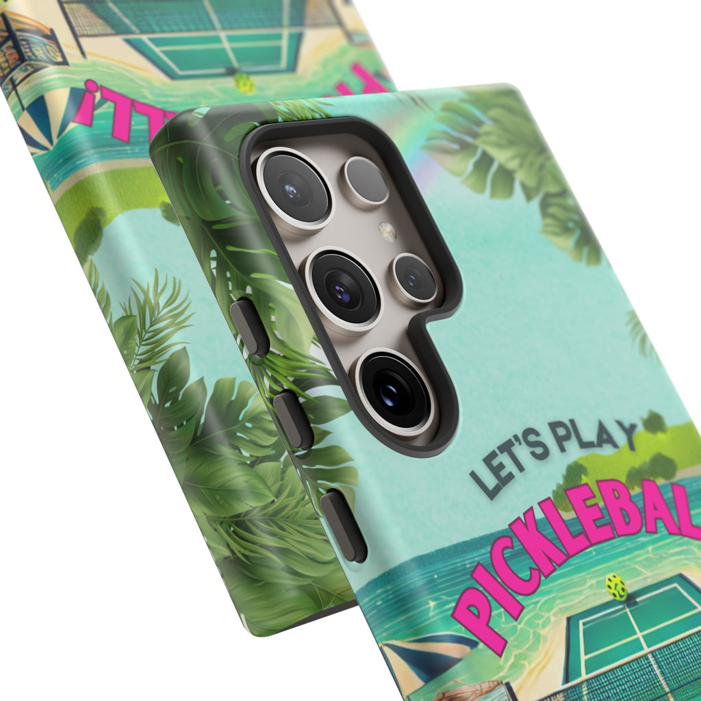 Tough Dual Layer Tropical Pickleball Phone Case for Samsung Galaxy S24 Compatible with Wireless Charging, Gift for Players