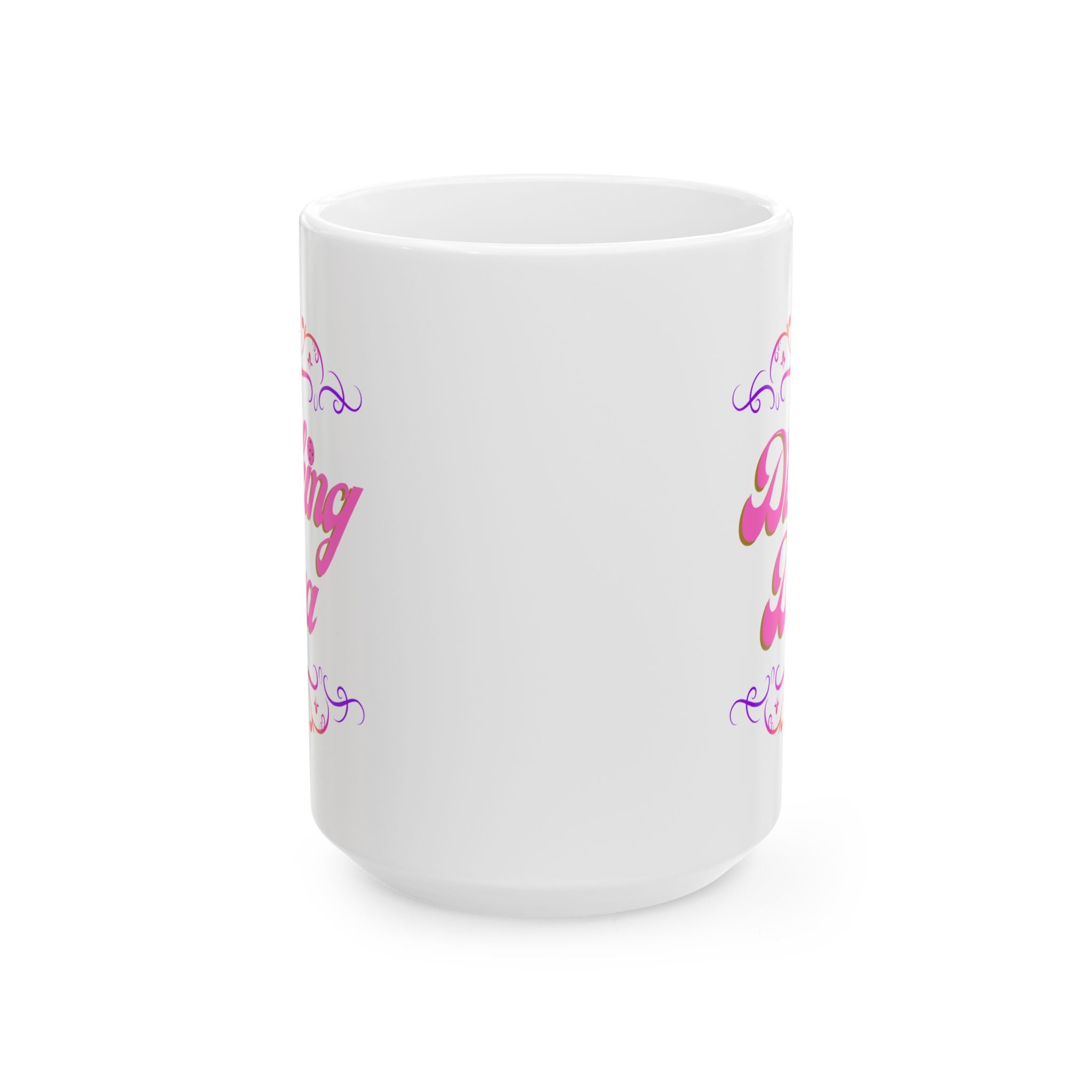 Pickleball Mug, Dinking Diva Ceramic Coffee Cup, Pink Text Dink Game Finesse, Filigree Borders, Dishwasher Microwave Safe,