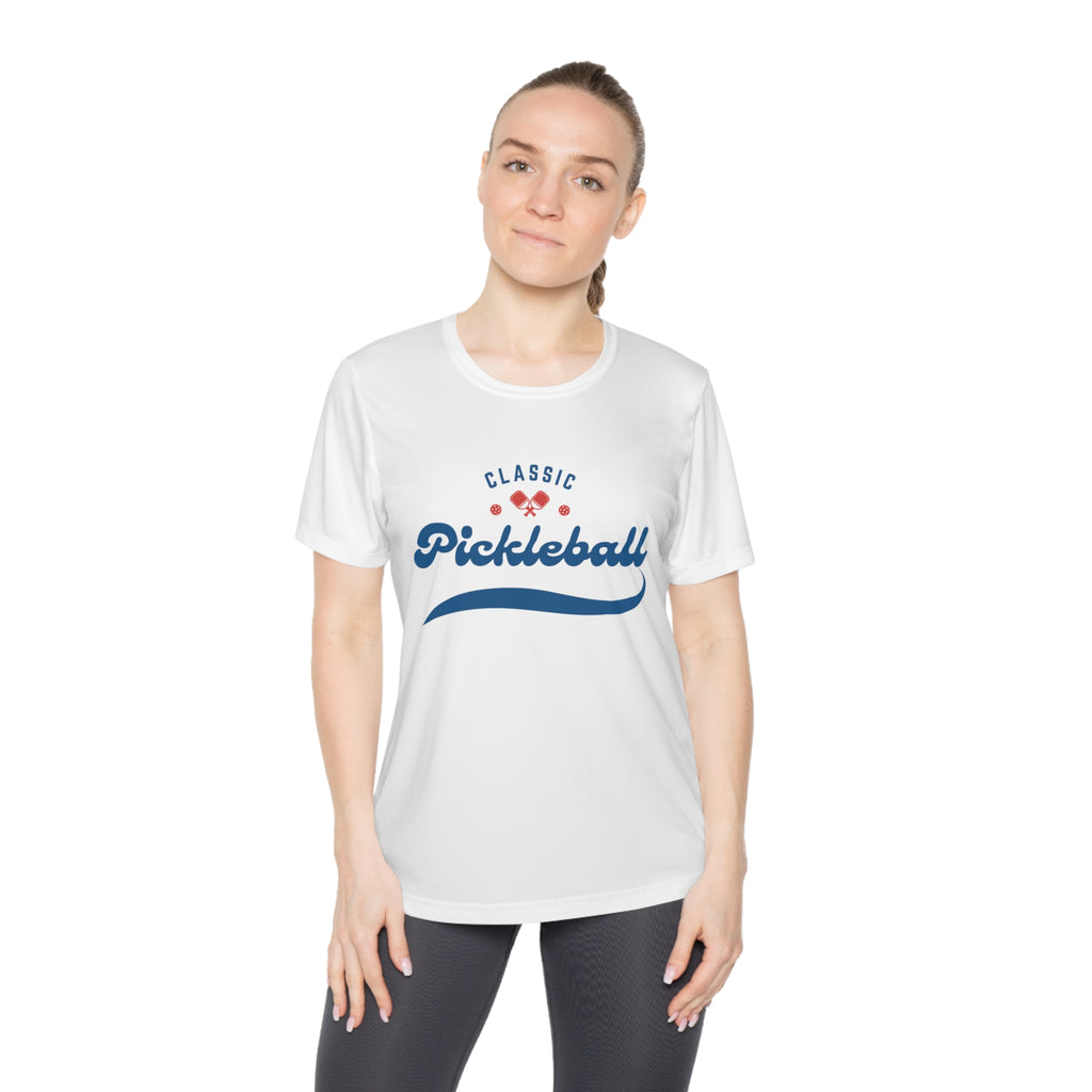Women's Moisture Wicking Performance Pickleball T-Shirt, Classic Red & Blue Retro Design, Gift for Players