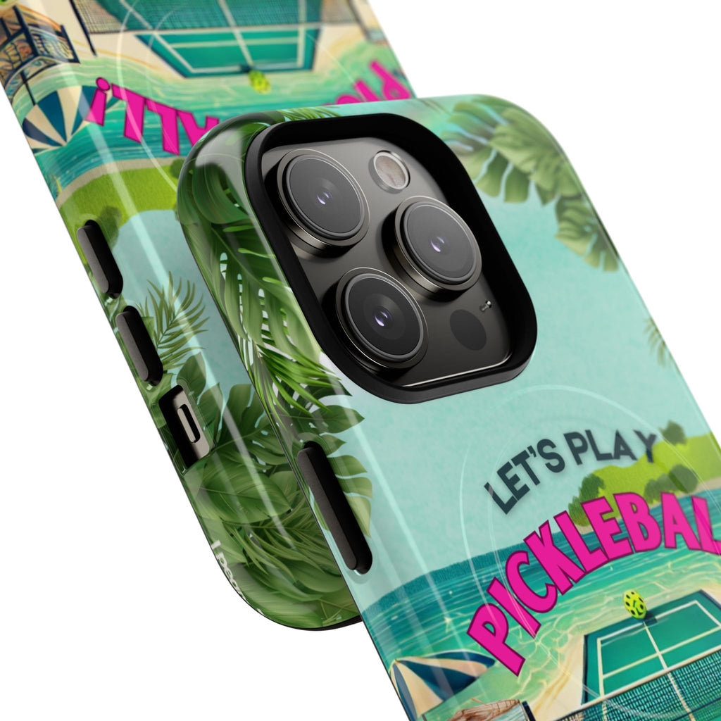 Tough Magnetic Phone Case for iPhone 14, Tropical Pickleball Case Compatible with MagSafe® Wireless Charging Gift for Players