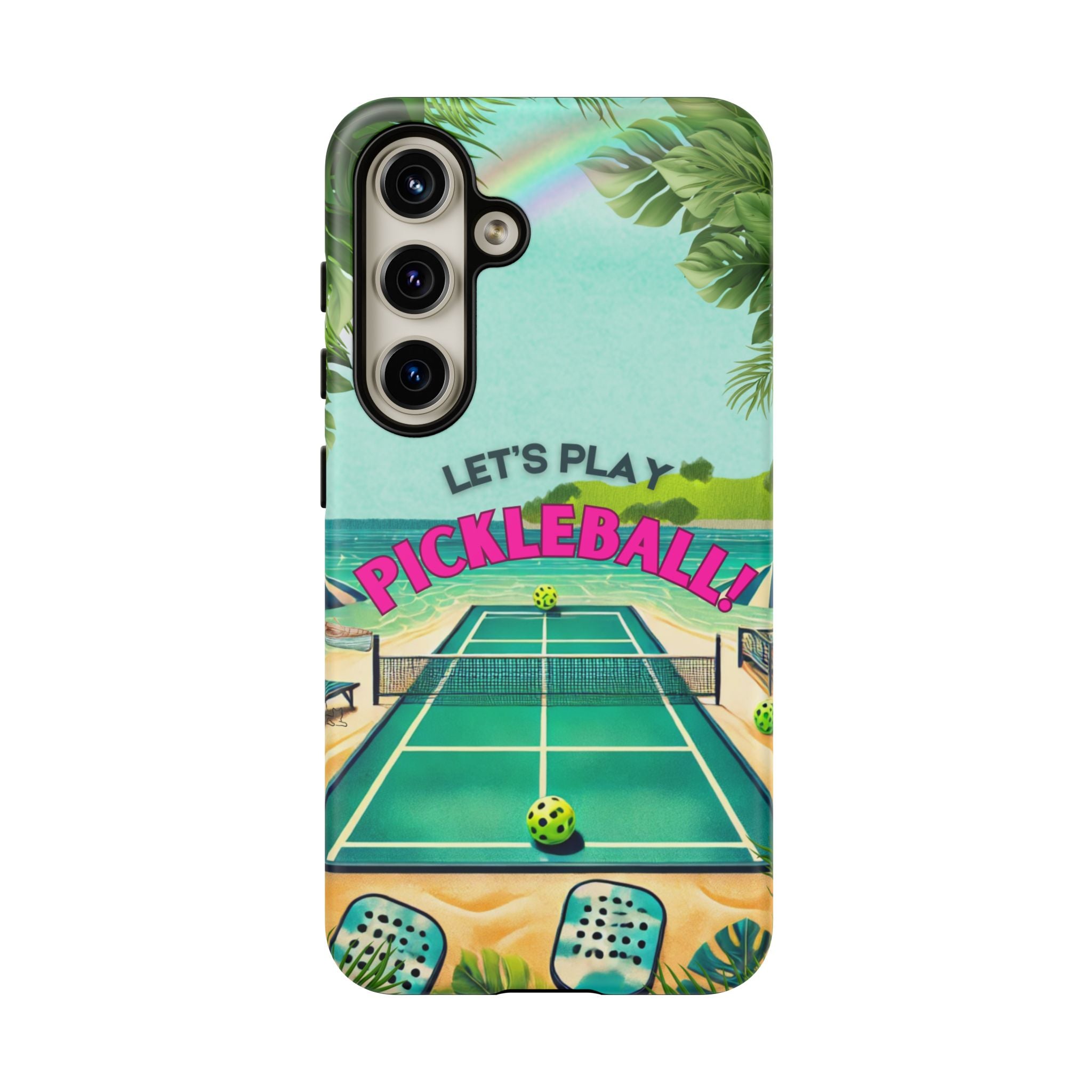 Tough Dual Layer Tropical Pickleball Phone Case for Samsung Galaxy S24 Compatible with Wireless Charging, Gift for Players