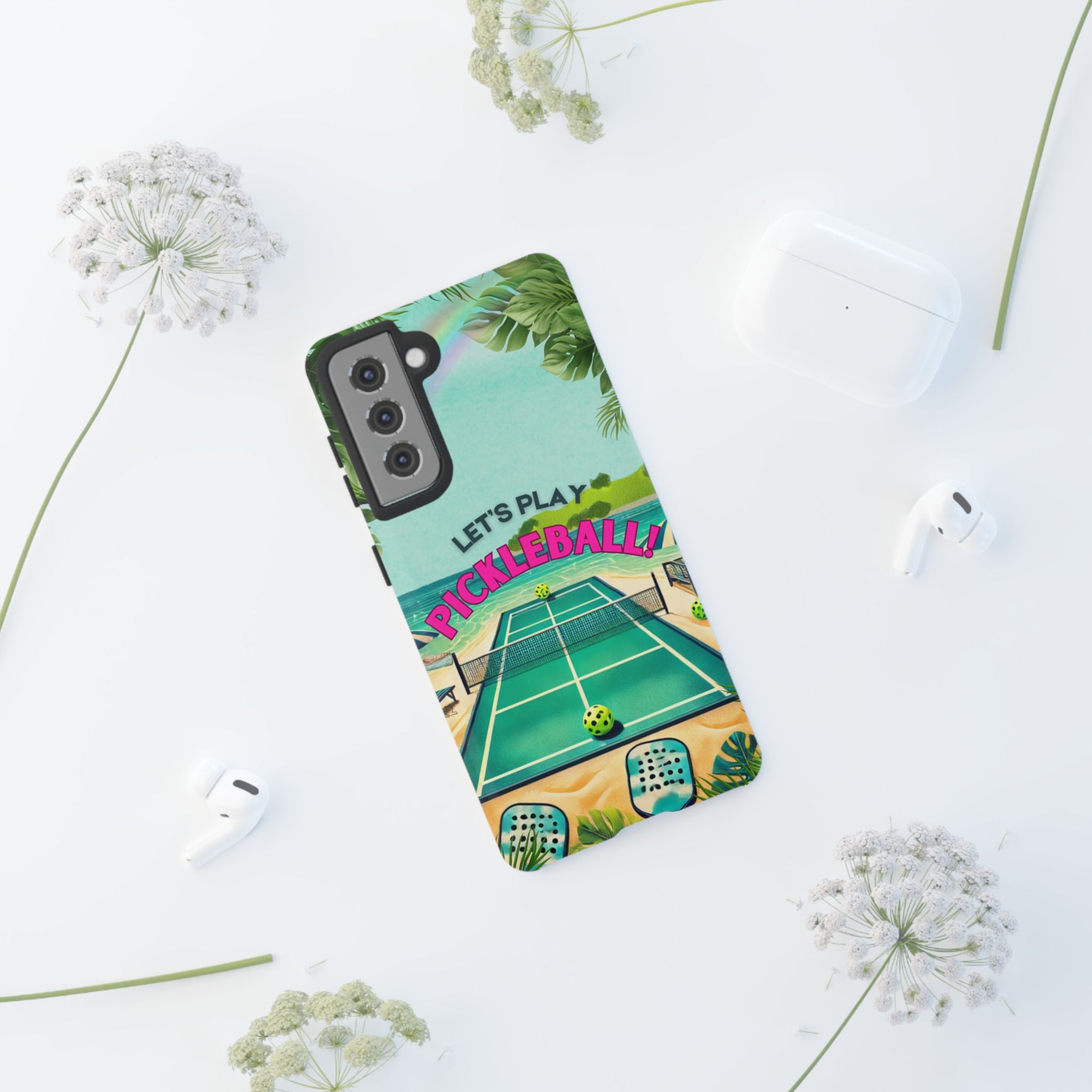 Tough Dual Layer Phone Case for Samsung Galaxy S21 Tropical Pickleball Case Supports Wireless Charging, Gift for Players