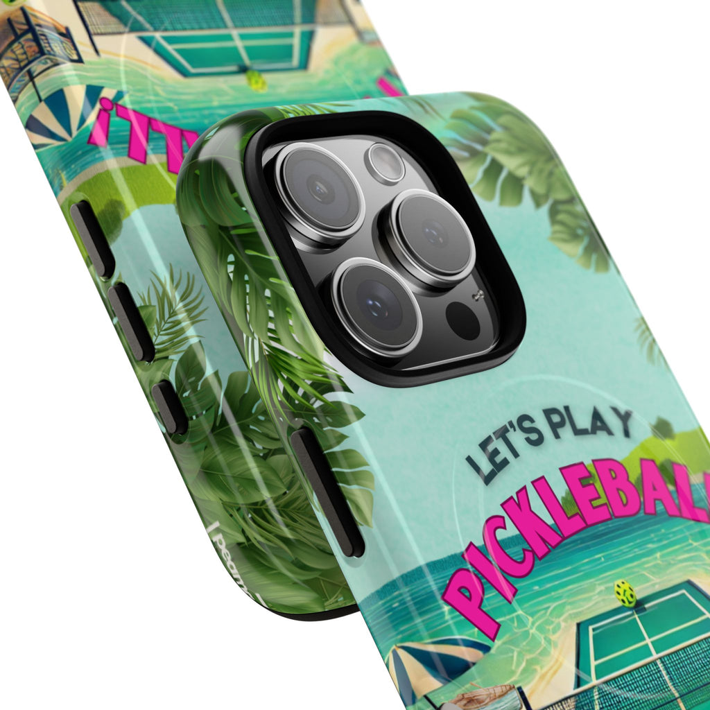 Tough Magnetic Phone Case for iPhone 16 Tropical Pickleball Case Compatible with MagSafe® Wireless Charging, Player Gift