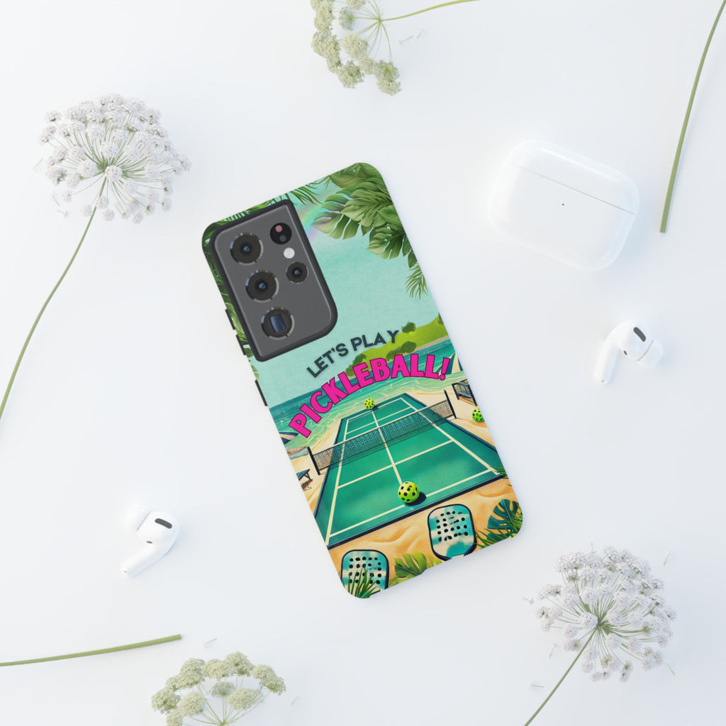 Tough Dual Layer Phone Case for Samsung Galaxy S21 Tropical Pickleball Case Supports Wireless Charging, Gift for Players