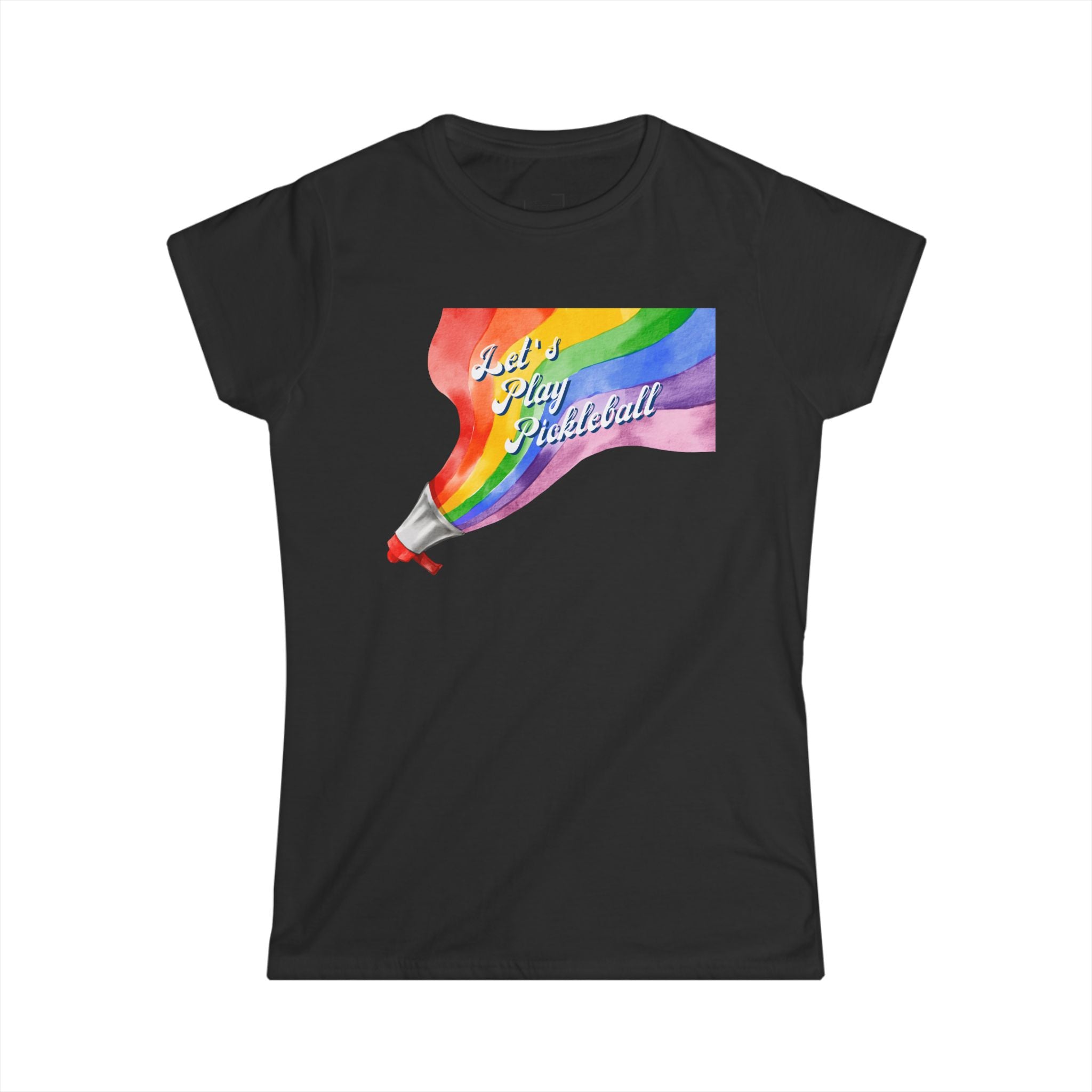 Shout It Out Proud – Let’s Play Pickleball Women's Softstyle T-Shirt, LGBTQ+ Rainbow Megaphone Design, Inclusive
