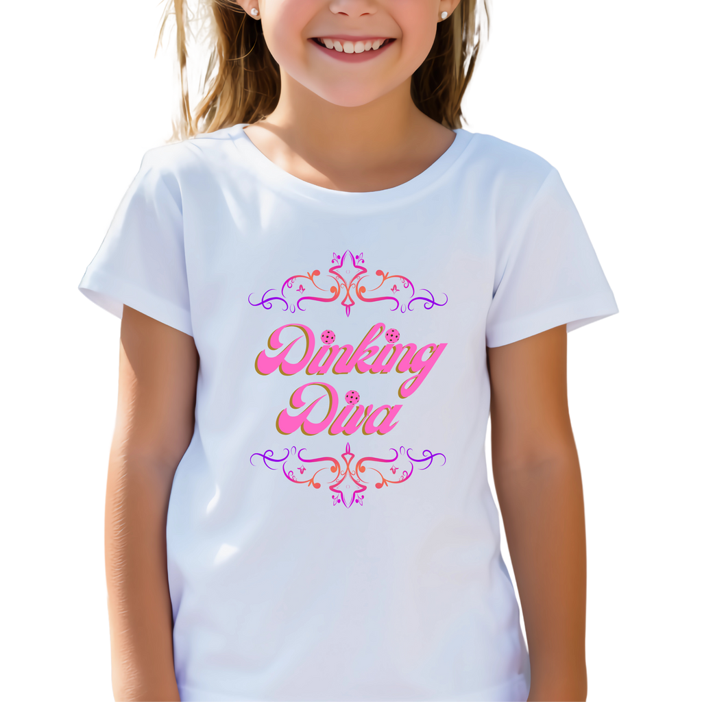 Dinking Diva Fun Youth Kids T-Shirt for Pickleball, Parties, Birthdays, and Everyday Wear, Pink Lettering, Gift for Girls