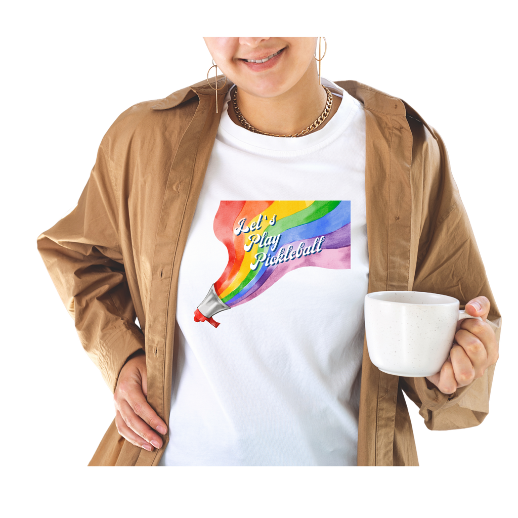 Shout It Out Proud – Let’s Play Pickleball Women's Softstyle T-Shirt, LGBTQ+ Rainbow Megaphone Design, Inclusive