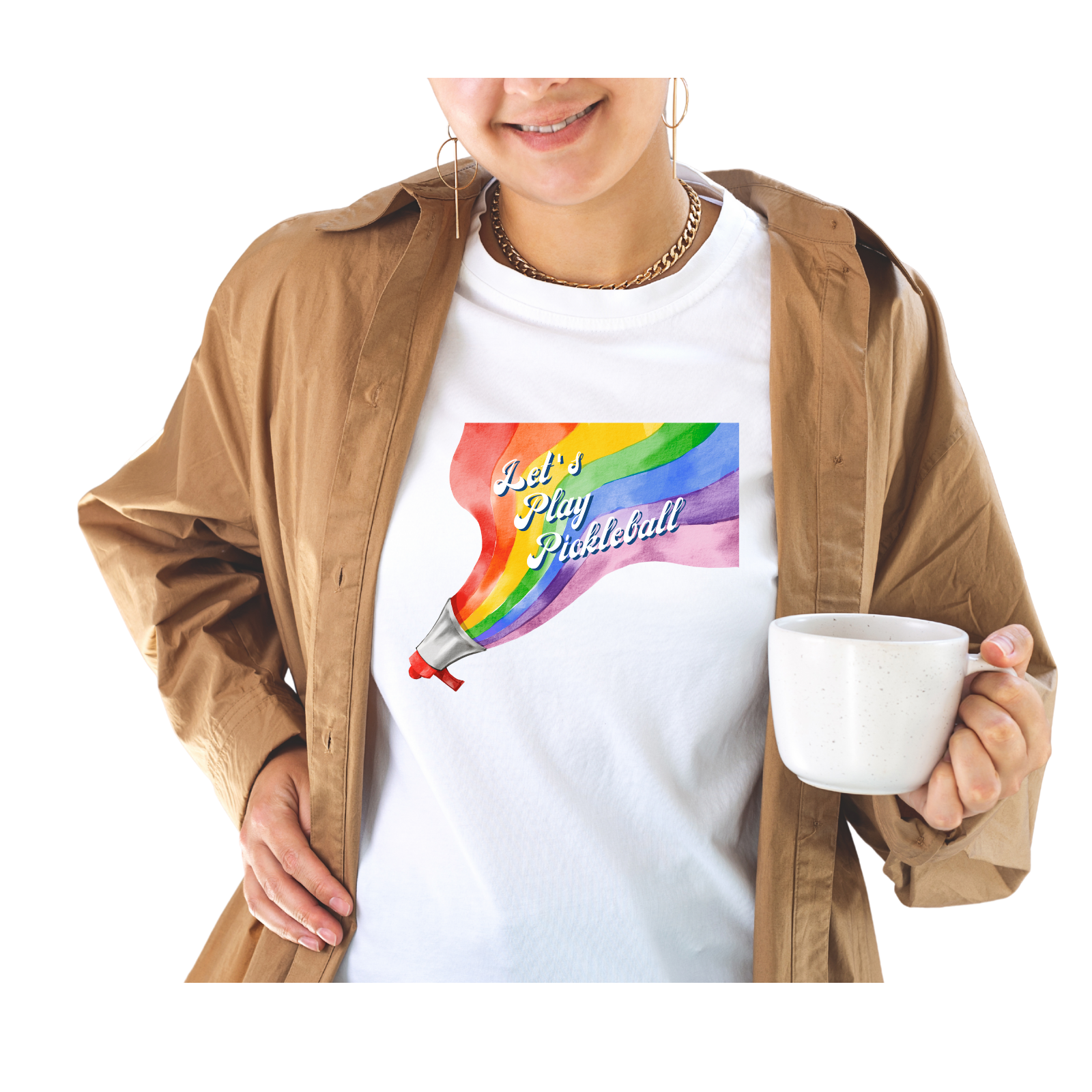 Shout It Out Proud – Let’s Play Pickleball Women's Softstyle T-Shirt, LGBTQ+ Rainbow Megaphone Design, Inclusive