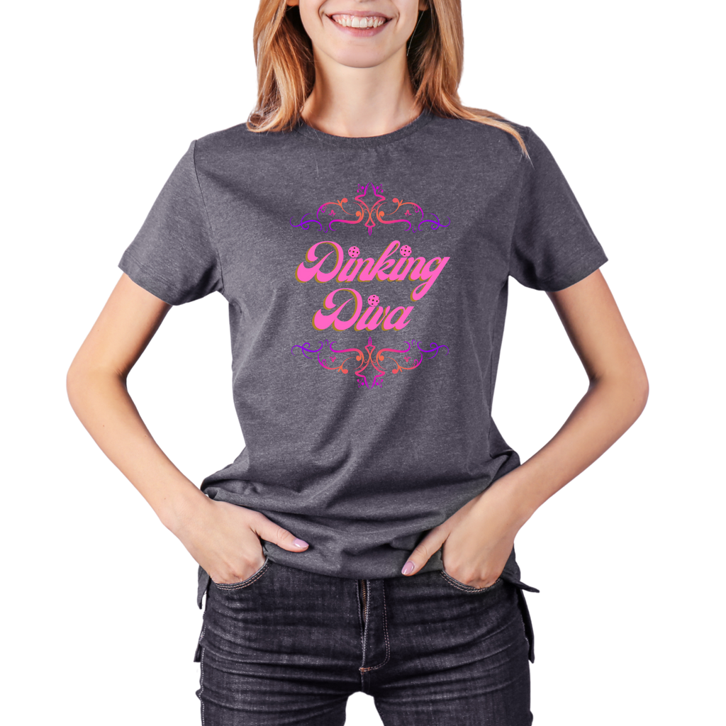 Dinking Diva in Elegant Pink Text Design Pickleball T-Shirt | Sophisticated Women's Tee | Filigree Border Shirt, Graphic Top