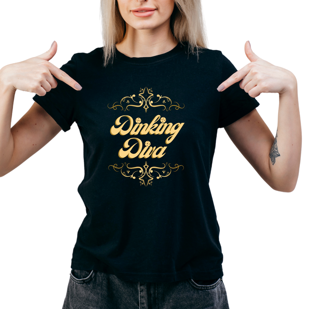 Dinking Diva Pickleball Tee, Women's Shirt, Pickleball Clothes, Gold Filigree Design, Elegant Sports Tee, Gift for Pickleball