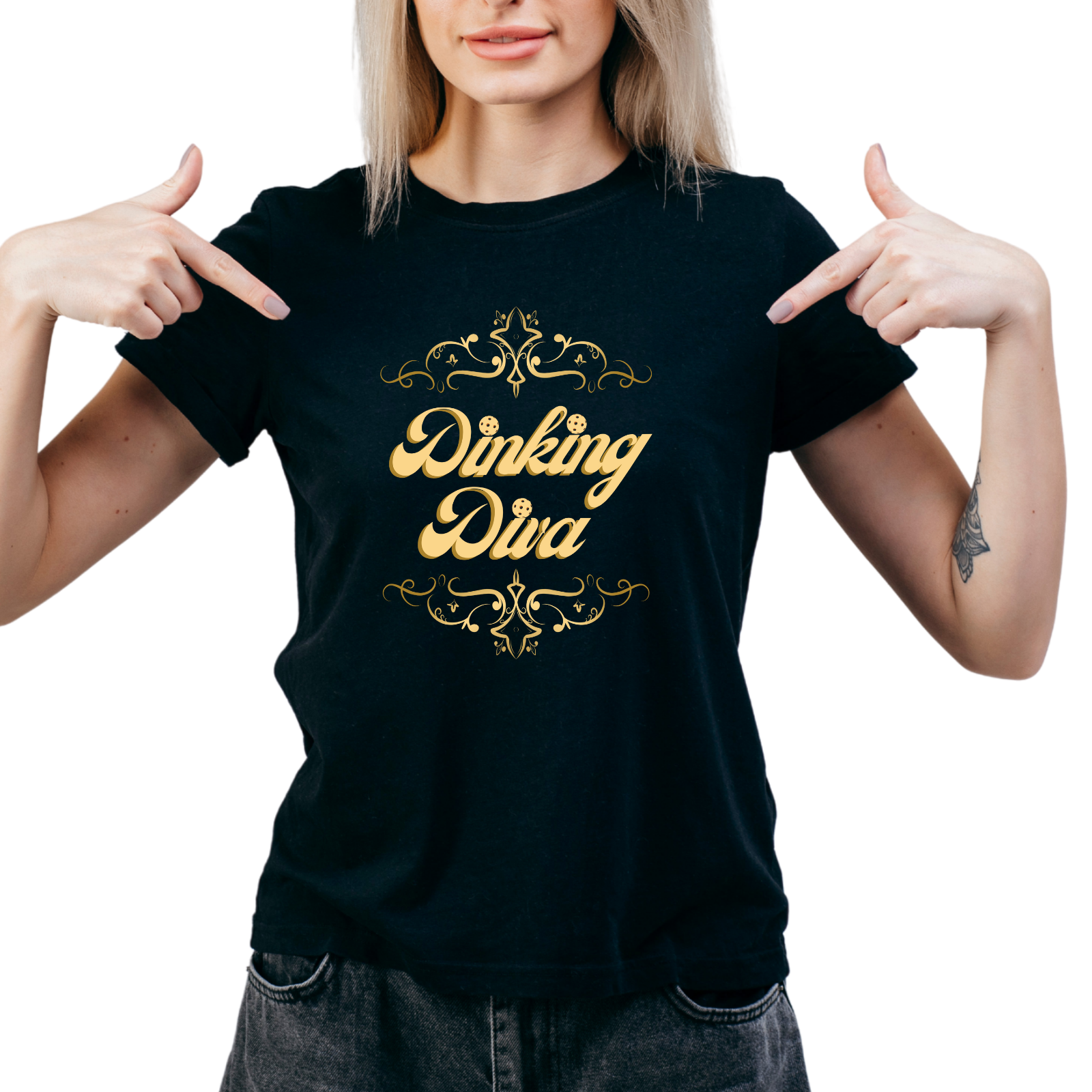 Dinking Diva Pickleball Tee, Women's Shirt, Pickleball Clothes, Gold Filigree Design, Elegant Sports Tee, Gift for Pickleball