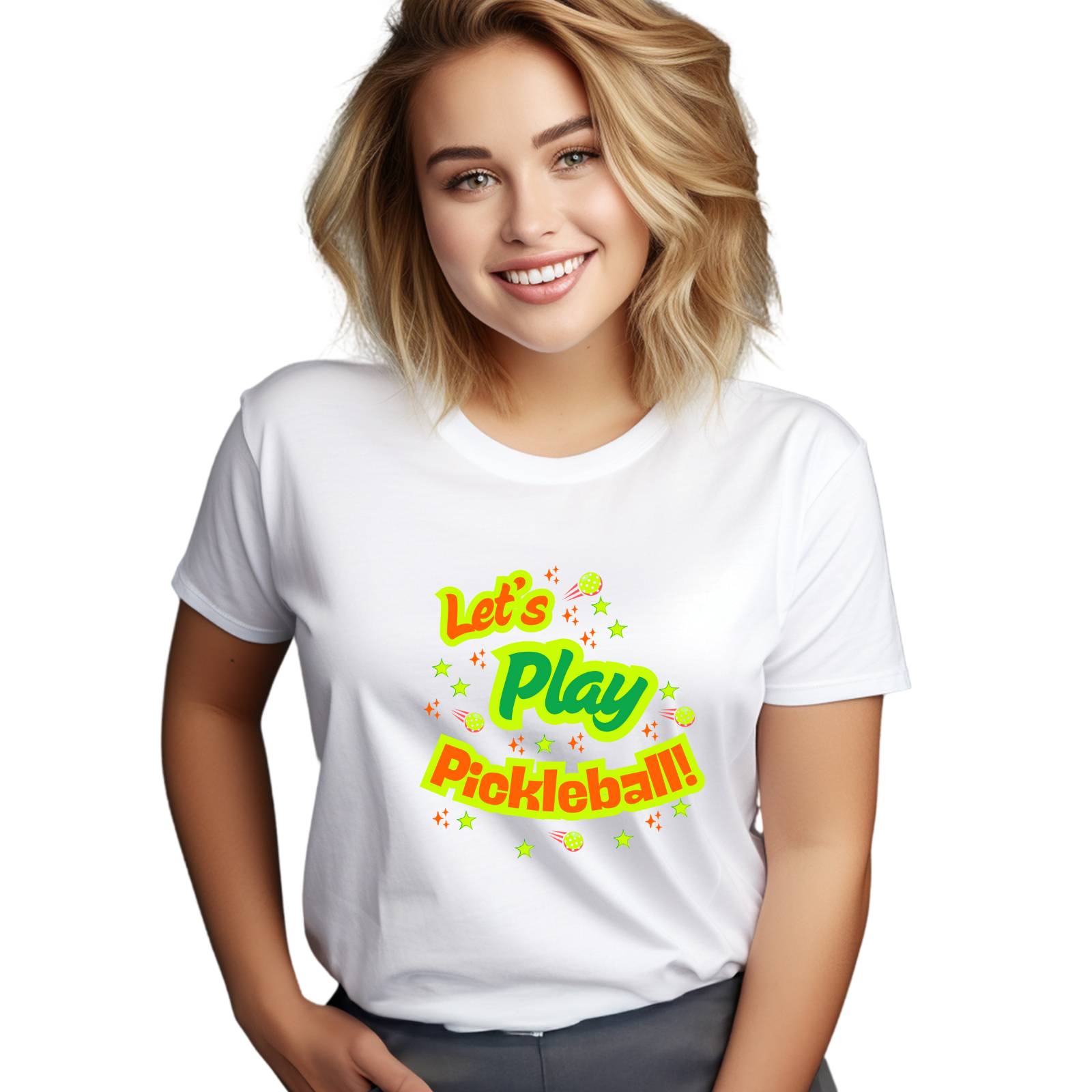 Women's Neon Let's Play Pickleball T-Shirt |  | Soft & Comfy Cotton Tee | Vibrant Active Sport Graphic Shirt | Player Gift