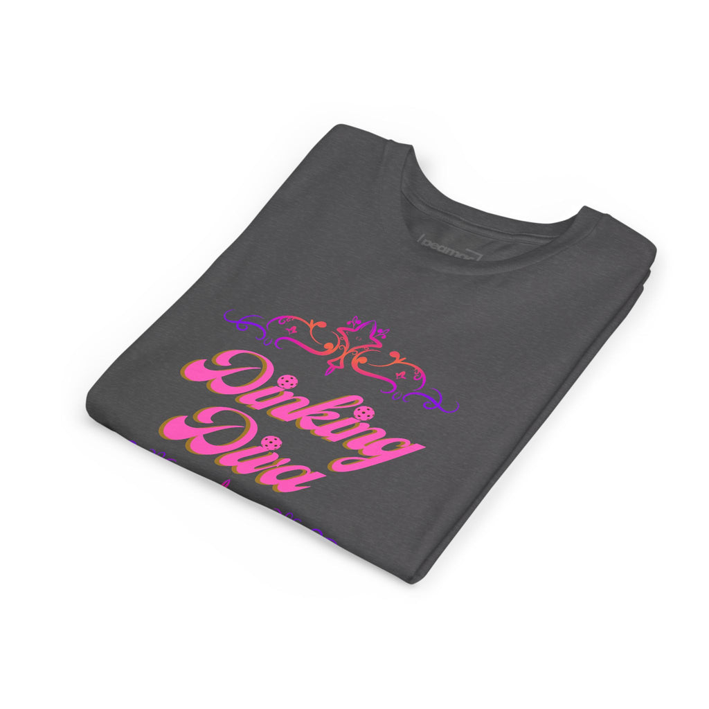 Dinking Diva Fun Youth Kids T-Shirt for Pickleball, Parties, Birthdays, and Everyday Wear, Pink Lettering, Gift for Girls