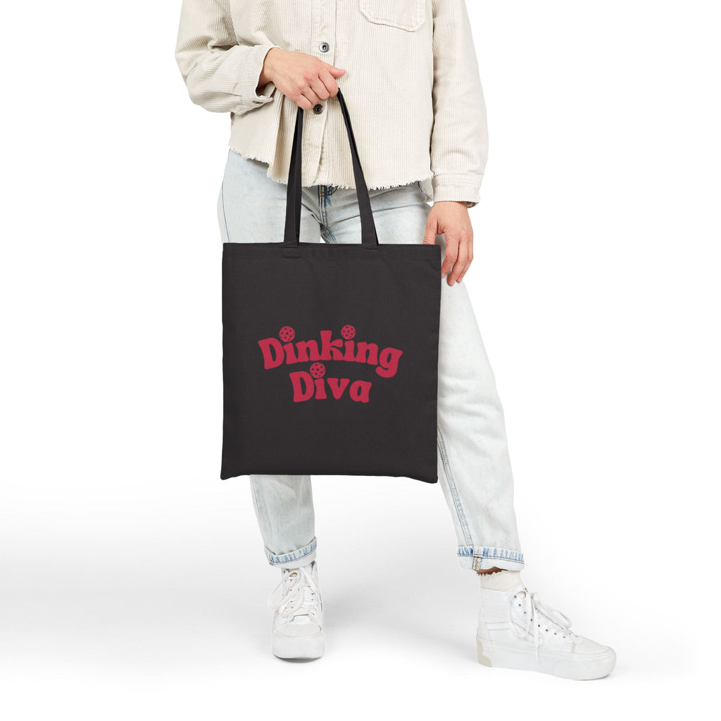 Pickleball Dinking Diva Canvas Tote for Gear & Gifts | Durable Black and Natural Cotton Shoulder Bags | Reusable Accessory