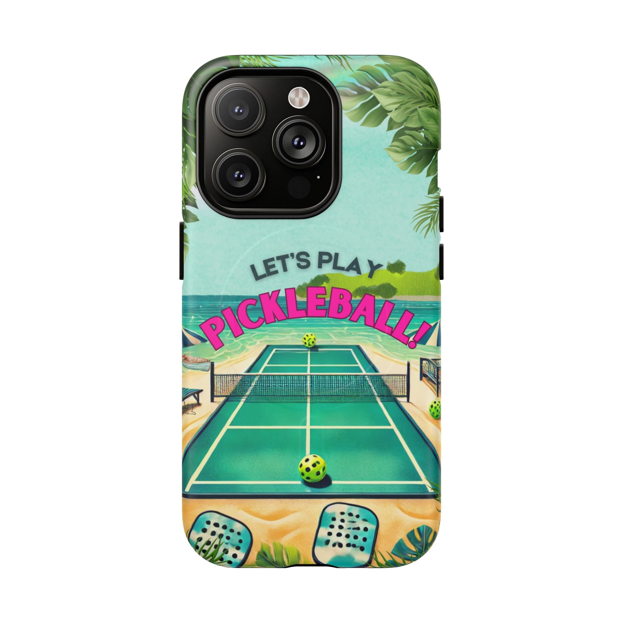 Tough Magnetic Phone Case for iPhone 14, Tropical Pickleball Case Compatible with MagSafe® Wireless Charging Gift for Players
