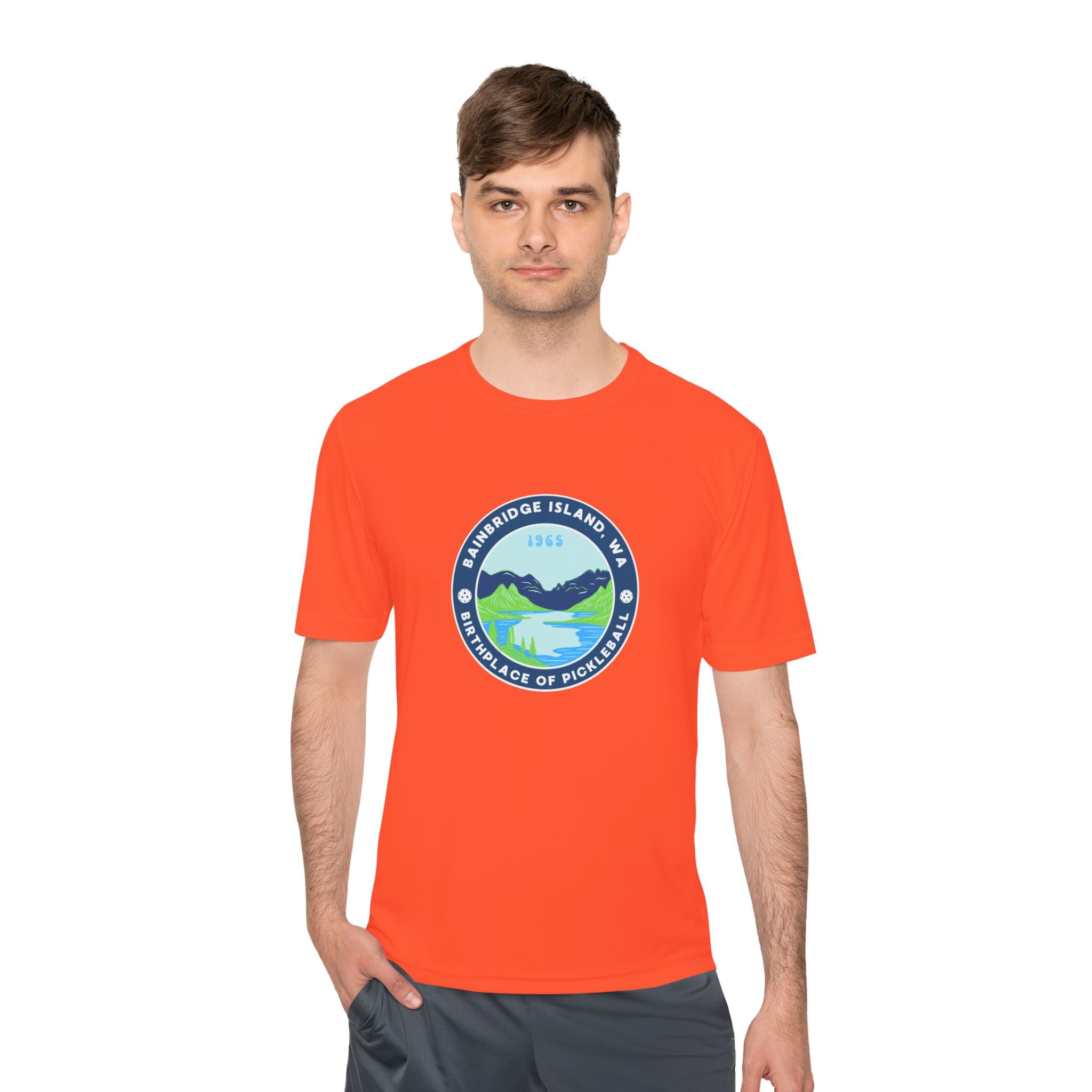 Bainbridge Island WA Birthplace of Pickleball T-Shirt | Moisture Wicking Unisex Tee for Men & Women | Gift for Players