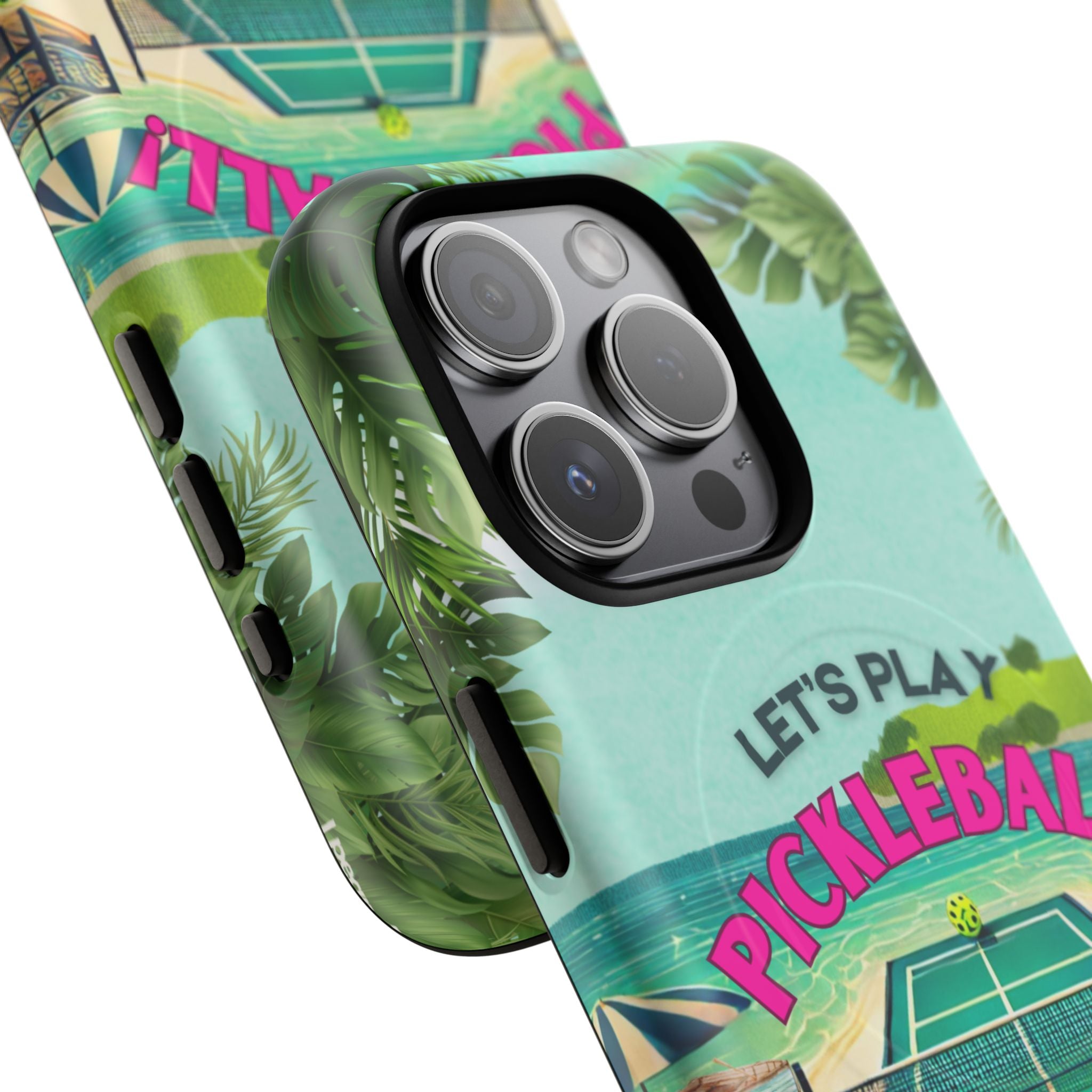 Tough Magnetic Phone Case for iPhone 15 Tropical Pickleball Case Compatible with MagSafe® Wireless Charging, Player Gift