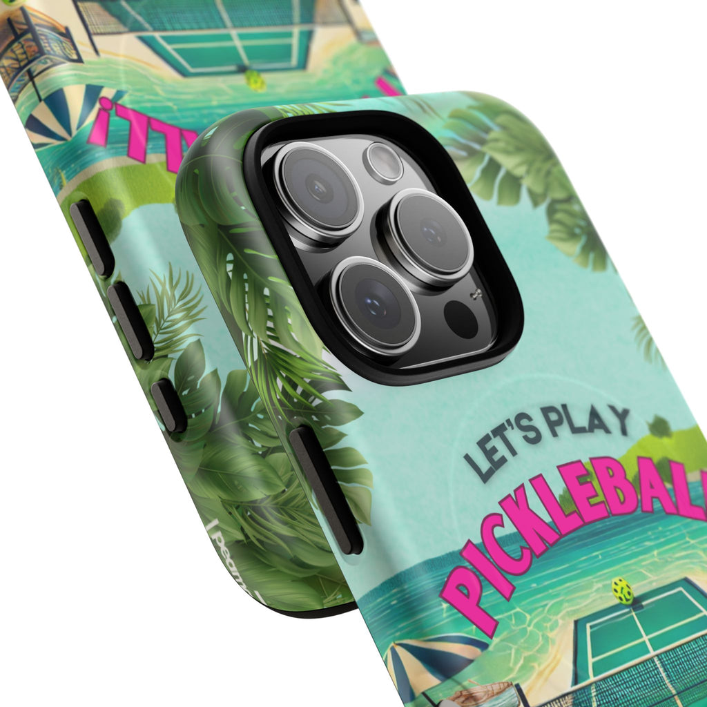 Tough Magnetic Phone Case for iPhone 16 Tropical Pickleball Case Compatible with MagSafe® Wireless Charging, Player Gift