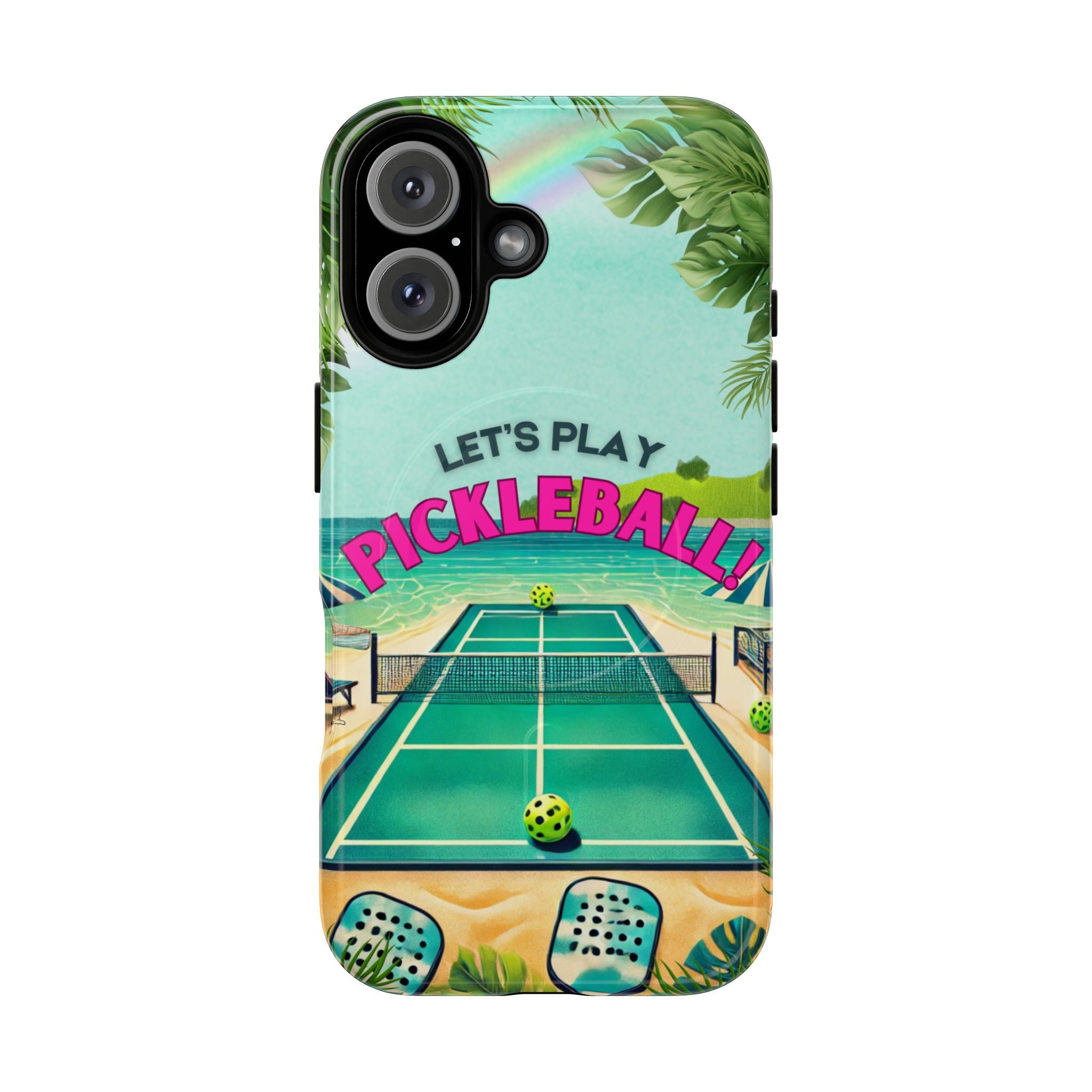 Tough Magnetic Phone Case for iPhone 16 Tropical Pickleball Case Compatible with MagSafe® Wireless Charging, Player Gift