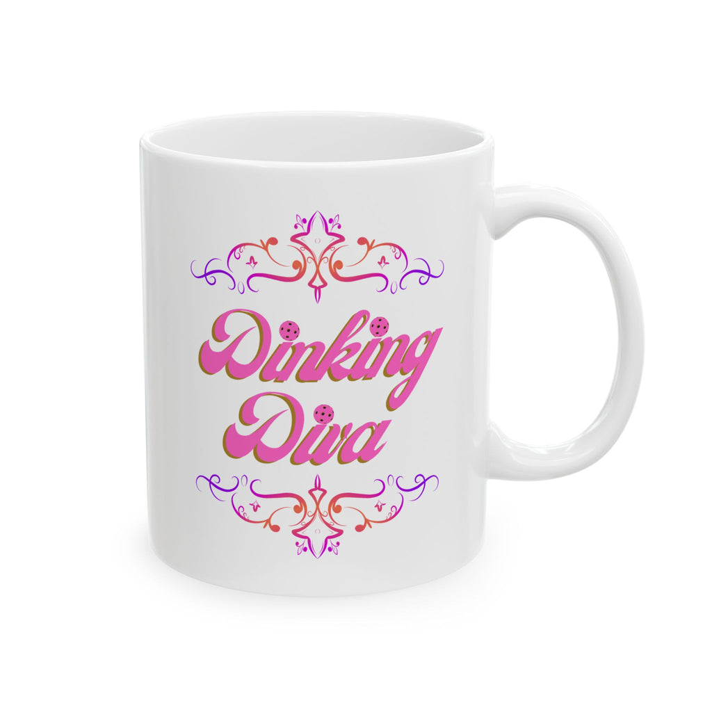 Pickleball Mug, Dinking Diva Ceramic Coffee Cup, Pink Text Dink Game Finesse, Filigree Borders, Dishwasher Microwave Safe,