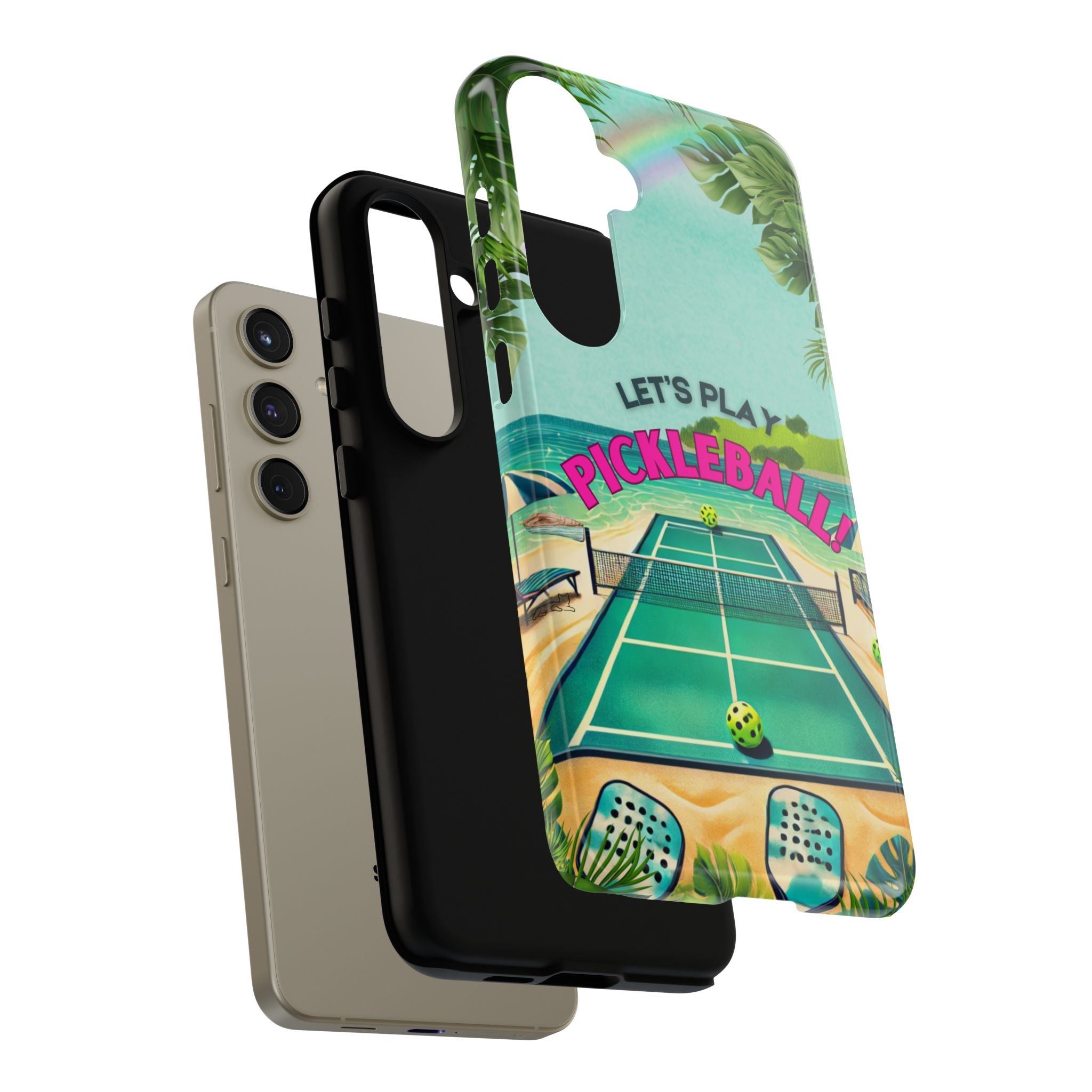 Tough Dual Layer Tropical Pickleball Phone Case for Samsung Galaxy S24 Compatible with Wireless Charging, Gift for Players