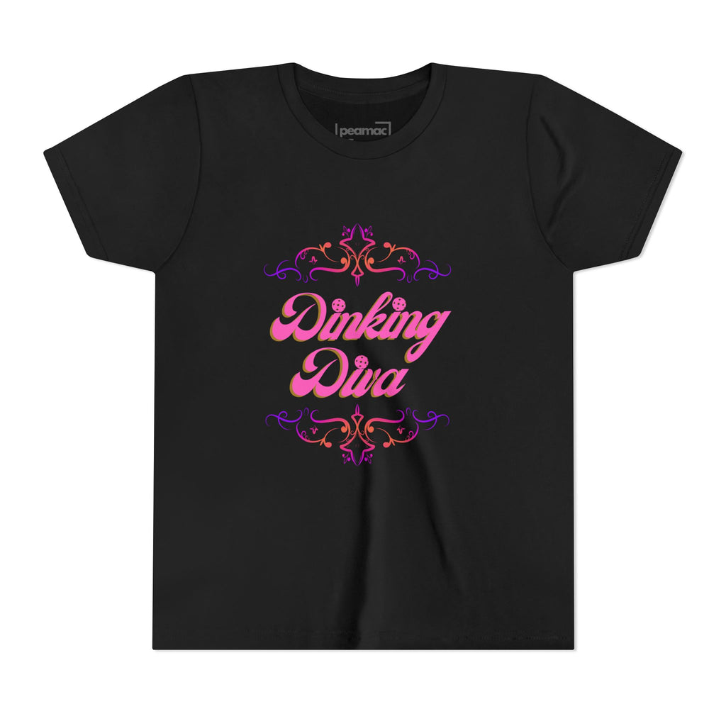 Dinking Diva Fun Youth Kids T-Shirt for Pickleball, Parties, Birthdays, and Everyday Wear, Pink Lettering, Gift for Girls