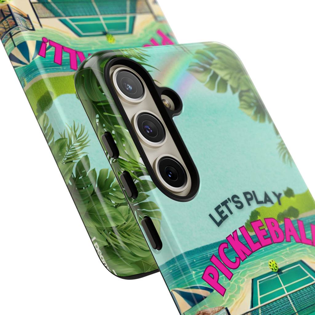 Tough Dual Layer Tropical Pickleball Phone Case for Samsung Galaxy S24 Compatible with Wireless Charging, Gift for Players