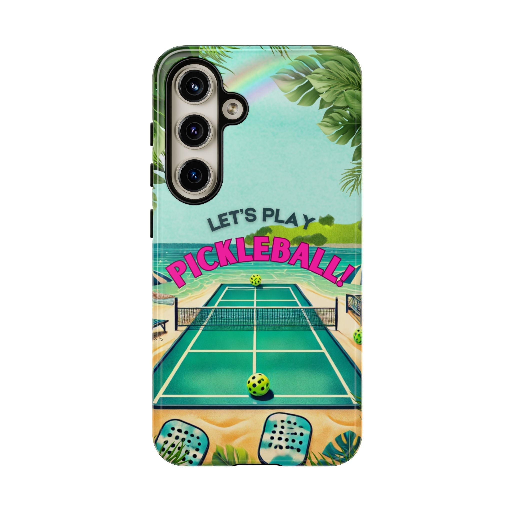 Tough Dual Layer Tropical Pickleball Phone Case for Samsung Galaxy S24 Compatible with Wireless Charging, Gift for Players