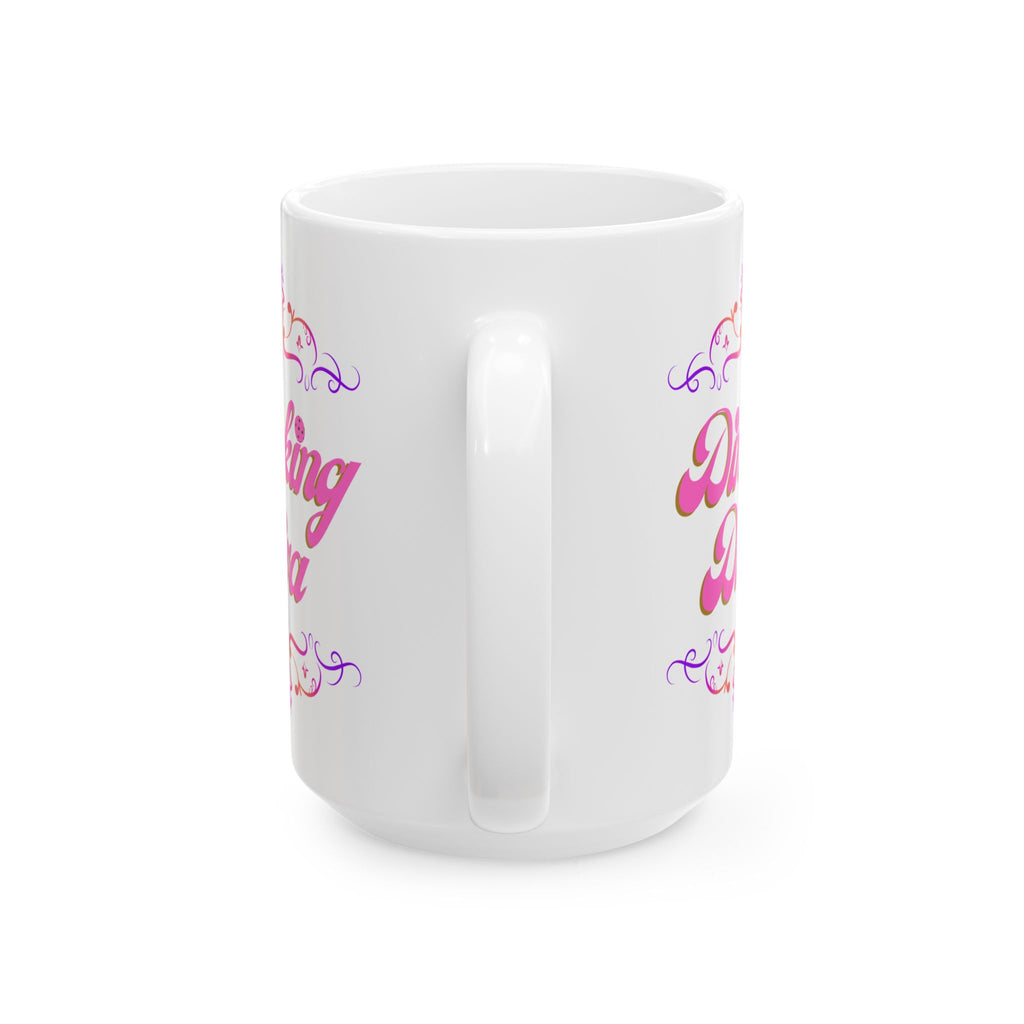 Pickleball Mug, Dinking Diva Ceramic Coffee Cup, Pink Text Dink Game Finesse, Filigree Borders, Dishwasher Microwave Safe,