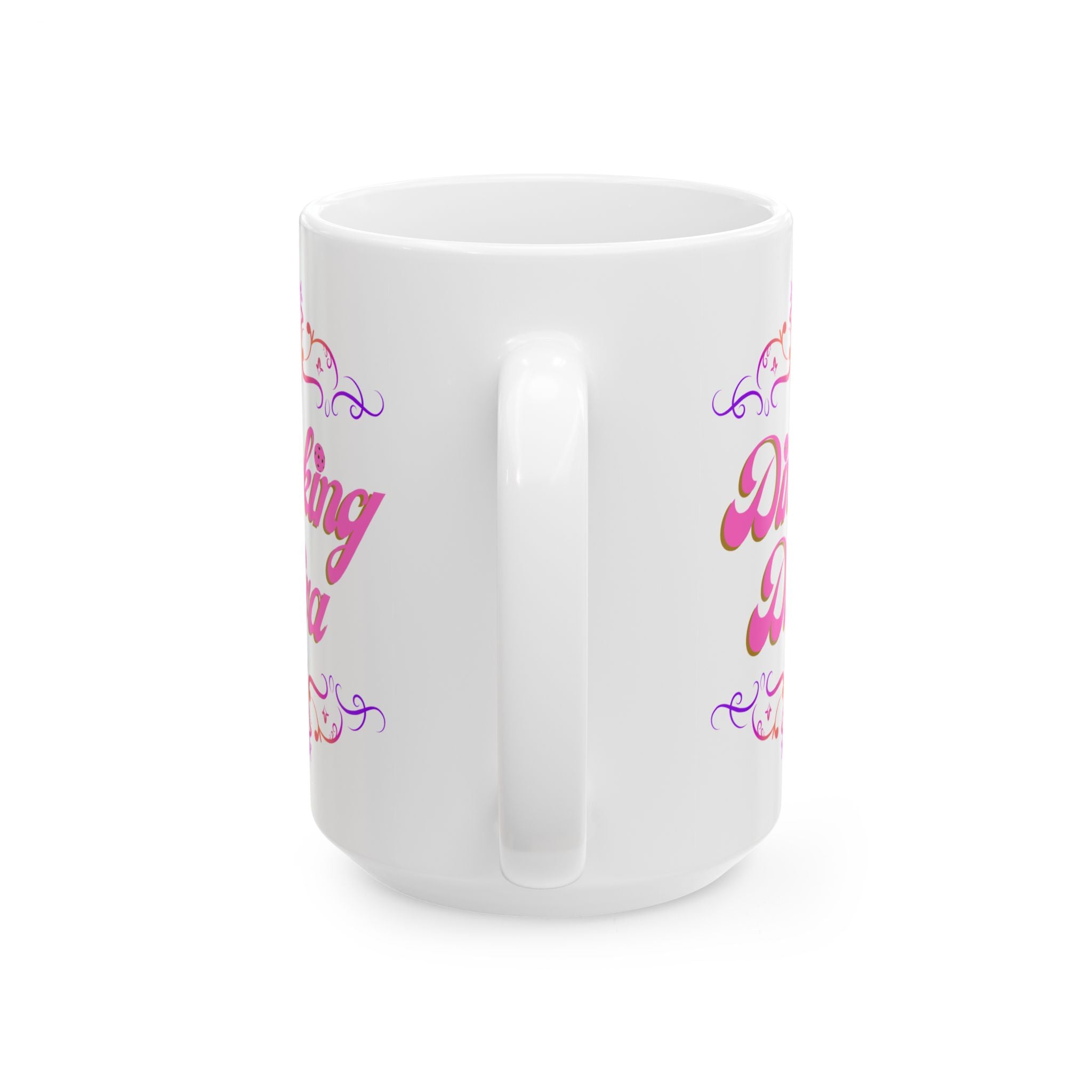 Pickleball Mug, Dinking Diva Ceramic Coffee Cup, Pink Text Dink Game Finesse, Filigree Borders, Dishwasher Microwave Safe,