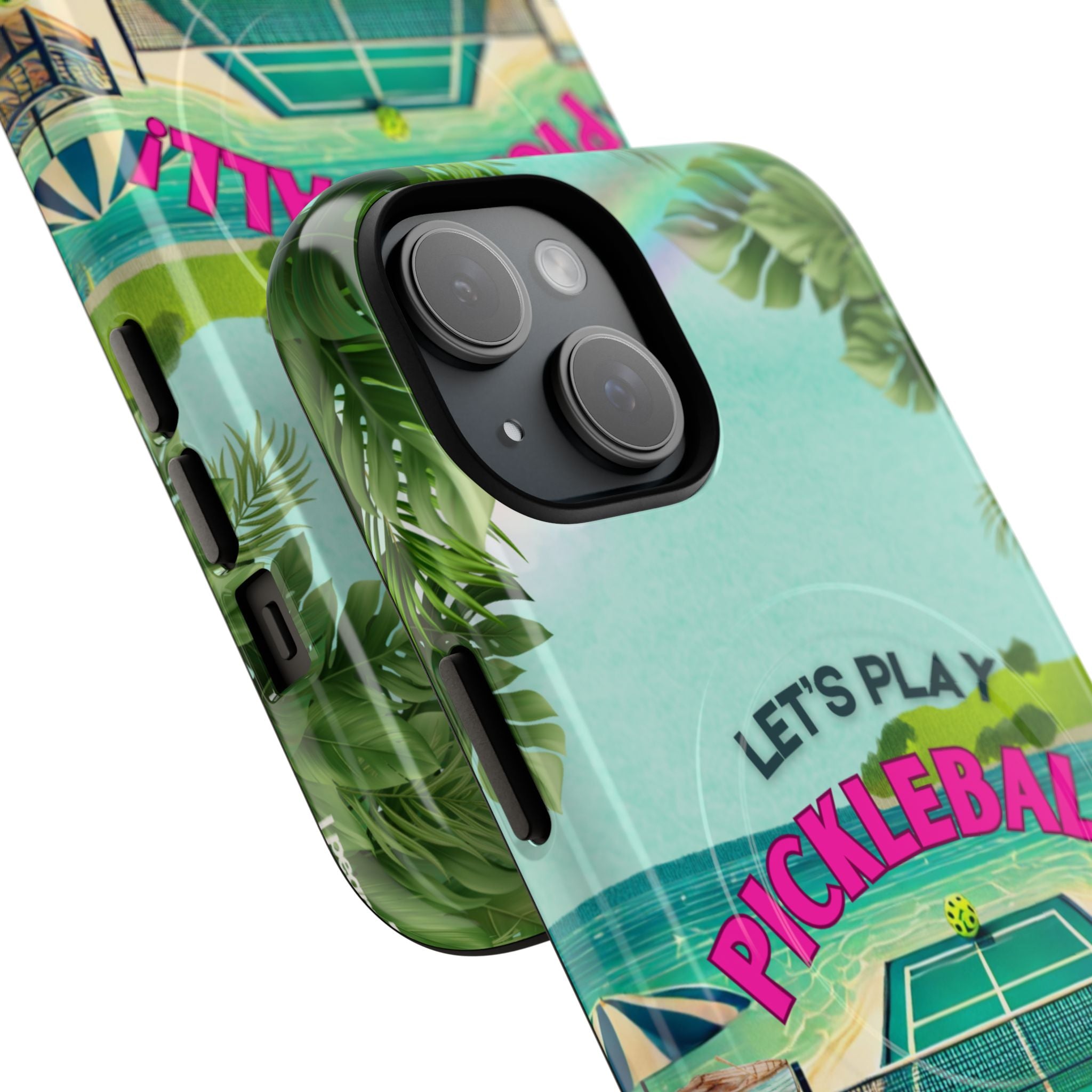 Tough Magnetic Phone Case for iPhone 15 Tropical Pickleball Case Compatible with MagSafe® Wireless Charging, Player Gift
