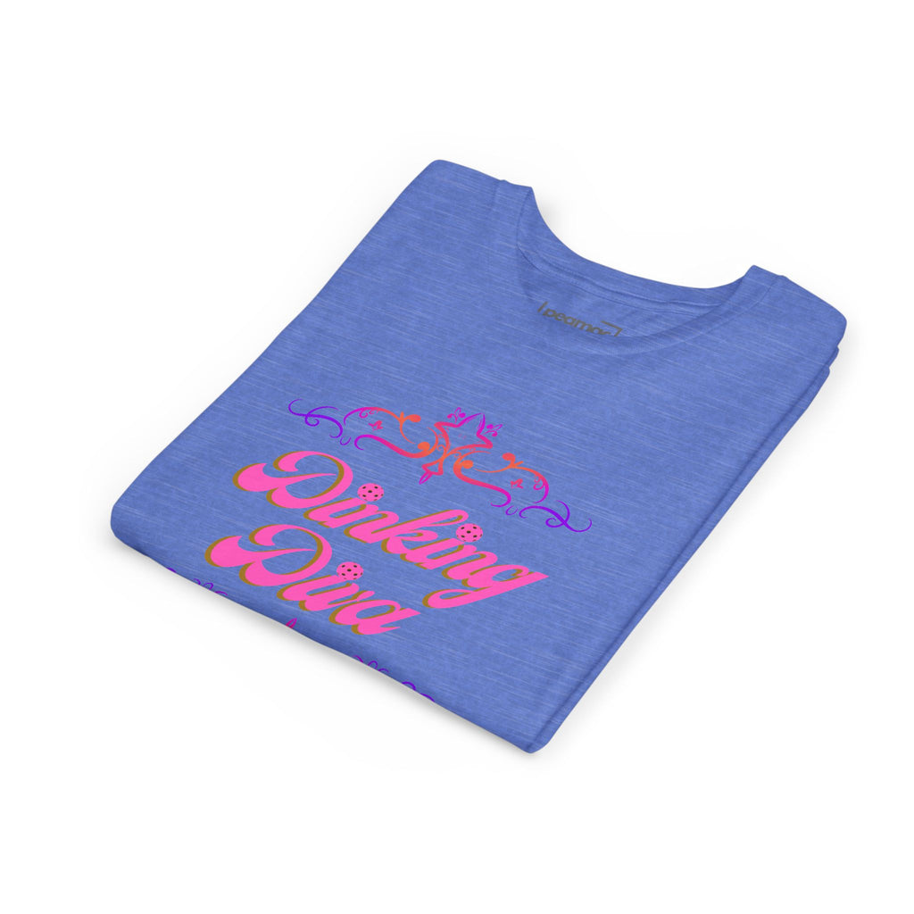 Dinking Diva Fun Youth Kids T-Shirt for Pickleball, Parties, Birthdays, and Everyday Wear, Pink Lettering, Gift for Girls