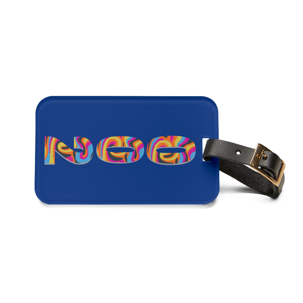 002 Pickleball Pickleball Luggage Tag | Dark Blue with Retro Psychedelic Numbers | Leather Strap with Buckle | 4 X 2.4 inches