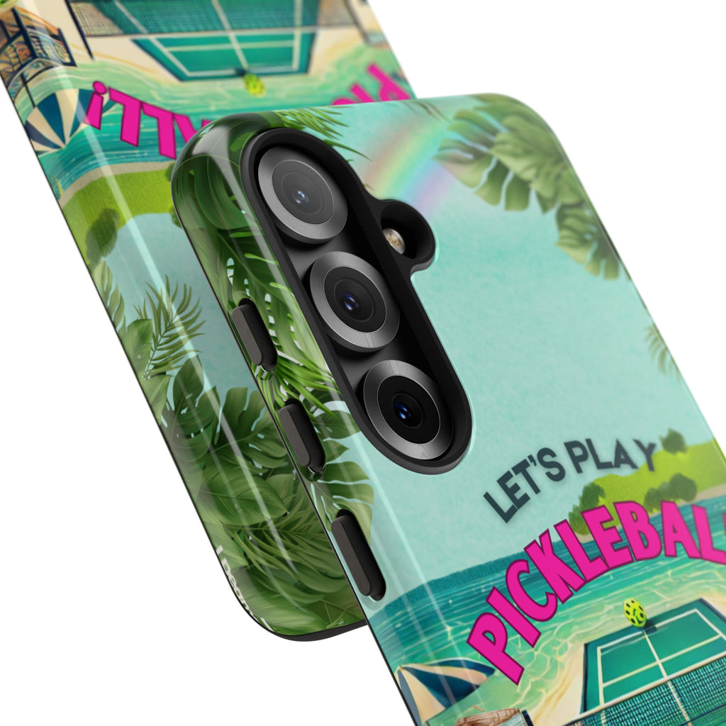 Tough Dual Layer Phone Case for Samsung Galaxy S25 Tropical Pickleball Case Supports Wireless Charging, Gift for Players