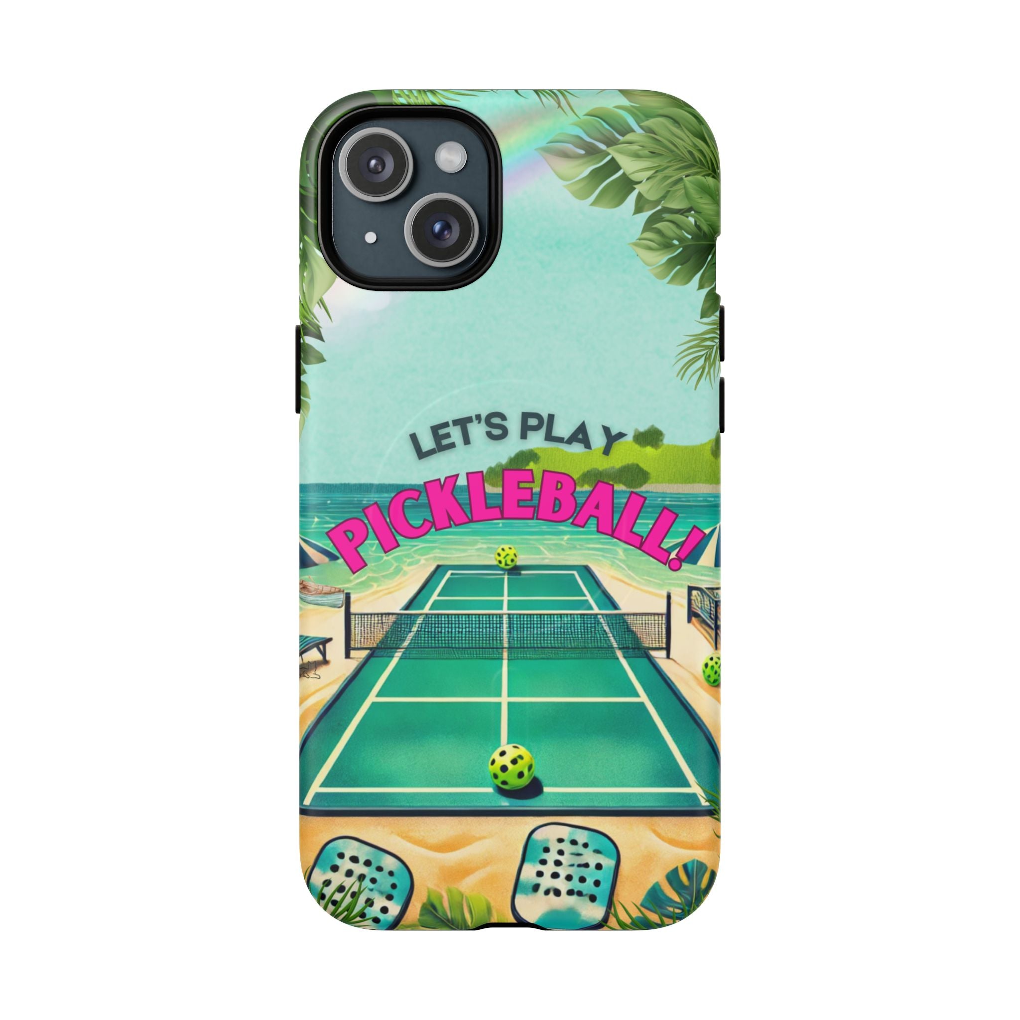 Tough Magnetic Phone Case for iPhone 15 Tropical Pickleball Case Compatible with MagSafe® Wireless Charging, Player Gift