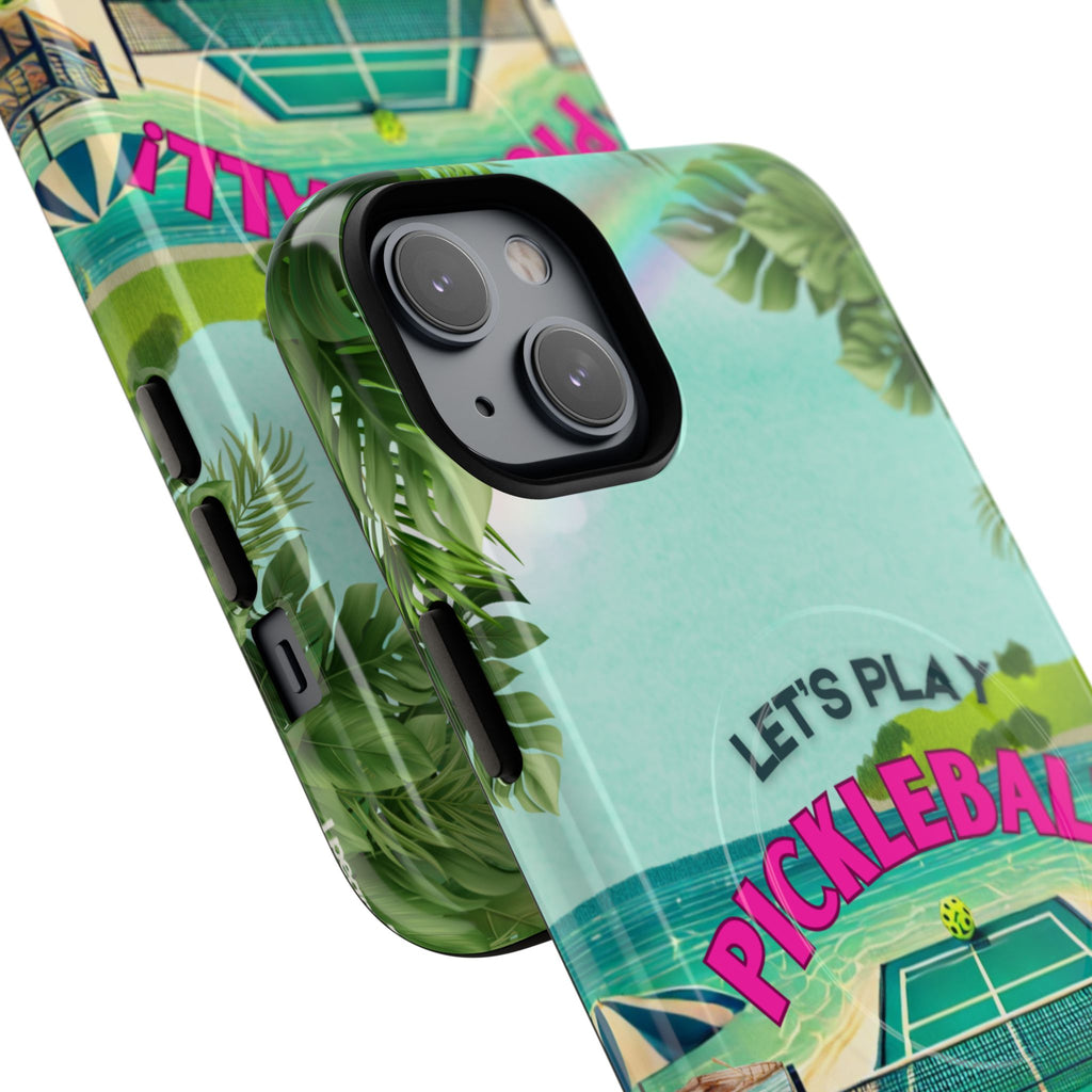 Tough Magnetic Phone Case for iPhone 14, Tropical Pickleball Case Compatible with MagSafe® Wireless Charging Gift for Players