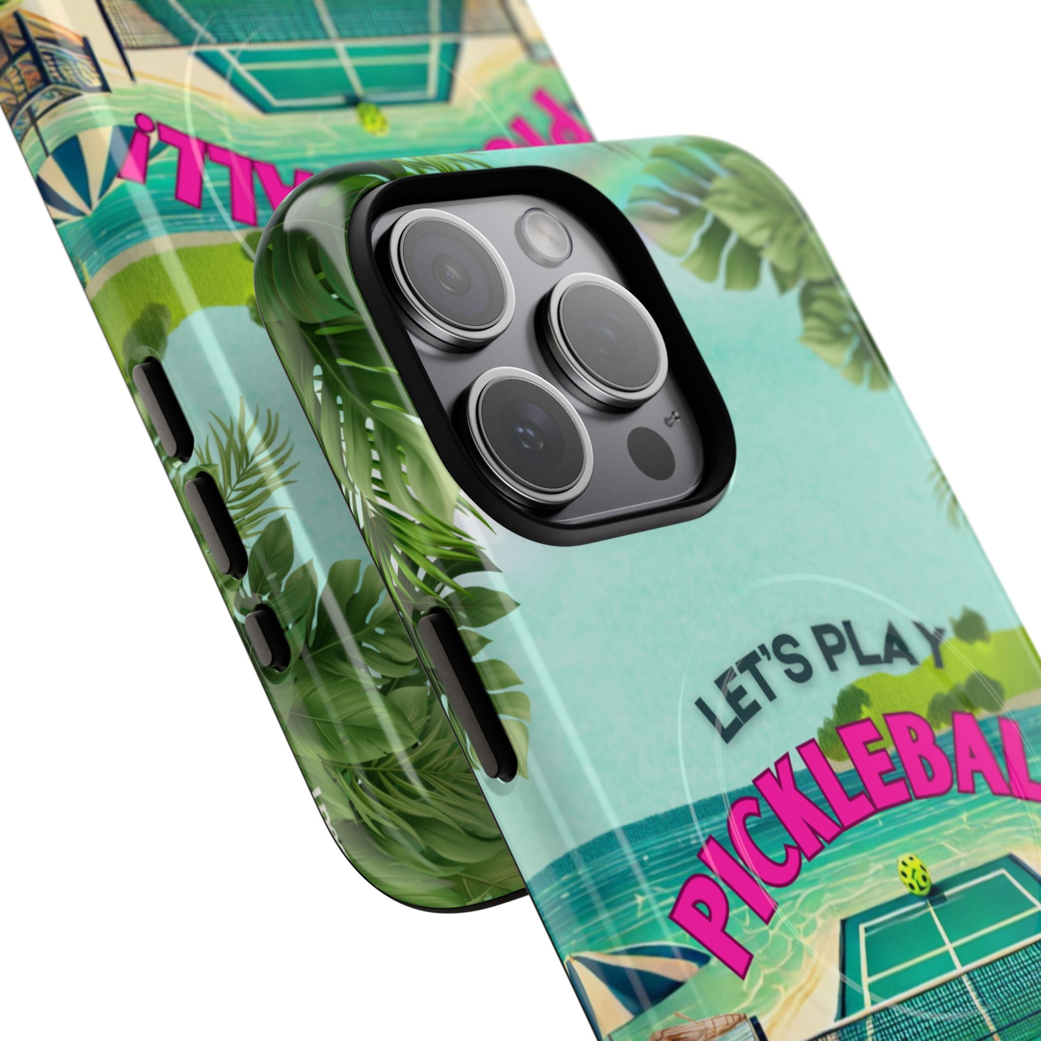Tough Magnetic Phone Case for iPhone 15 Tropical Pickleball Case Compatible with MagSafe® Wireless Charging, Player Gift