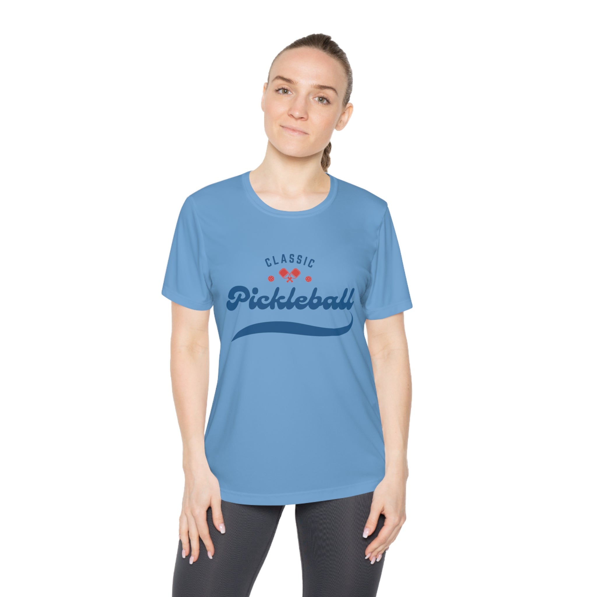 Women's Moisture Wicking Performance Pickleball T-Shirt, Classic Red & Blue Retro Design, Gift for Players