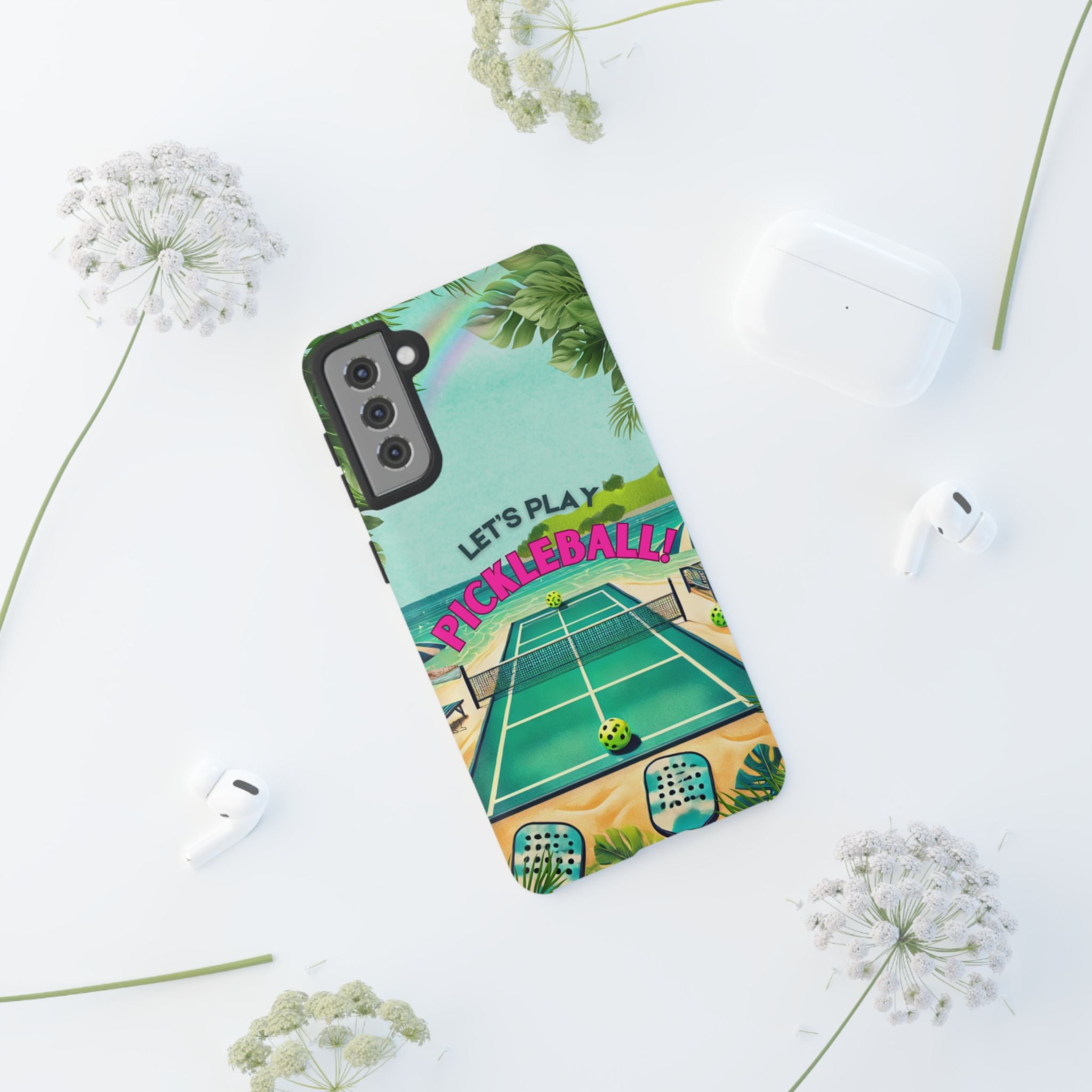 Tough Dual Layer Phone Case for Samsung Galaxy S21 Tropical Pickleball Case Supports Wireless Charging, Gift for Players