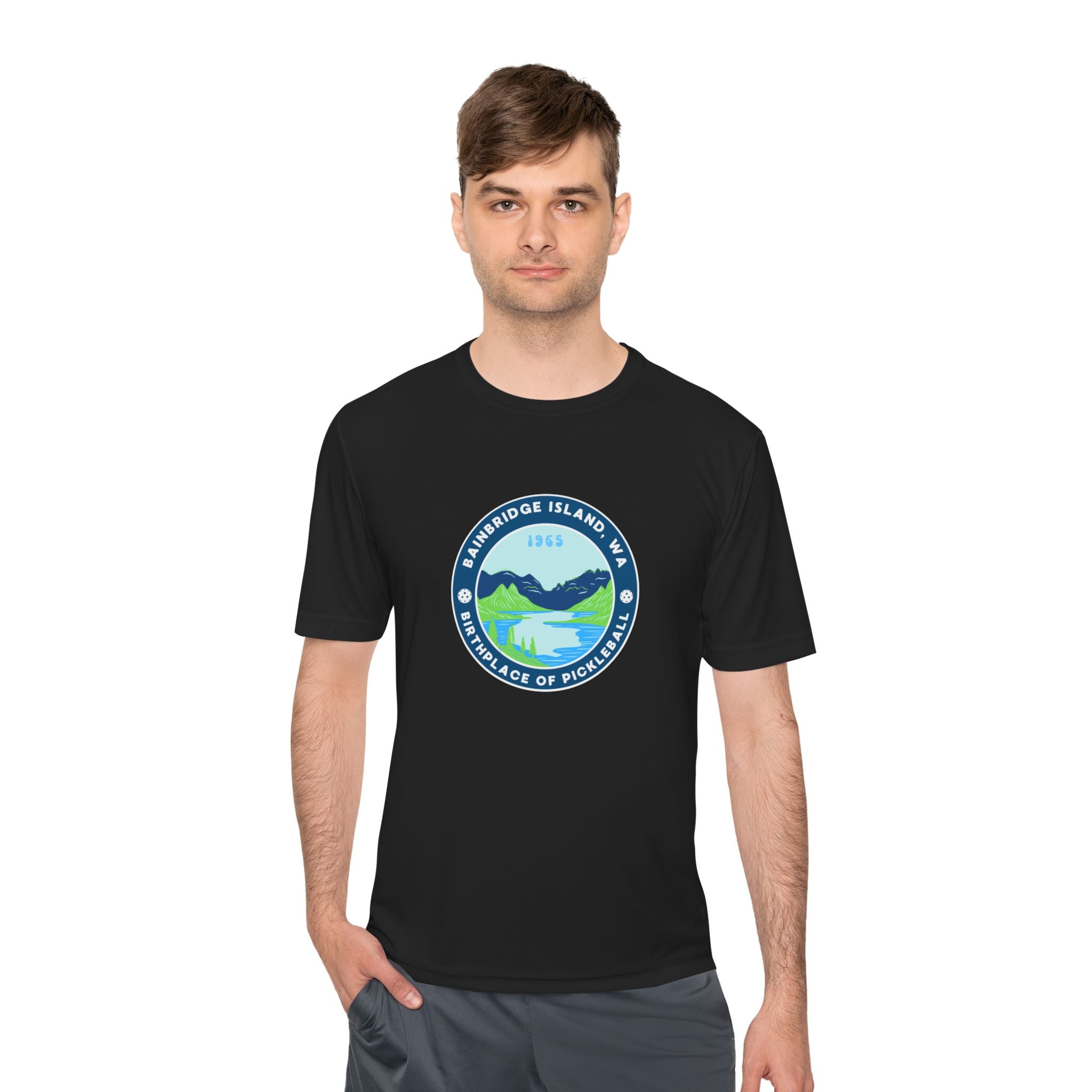 Bainbridge Island WA Birthplace of Pickleball T-Shirt | Moisture Wicking Unisex Tee for Men & Women | Gift for Players