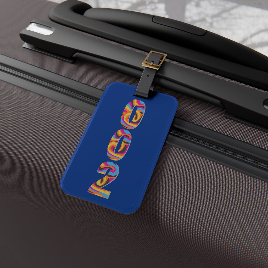 002 Pickleball Pickleball Luggage Tag | Dark Blue with Retro Psychedelic Numbers | Leather Strap with Buckle | 4 X 2.4 inches
