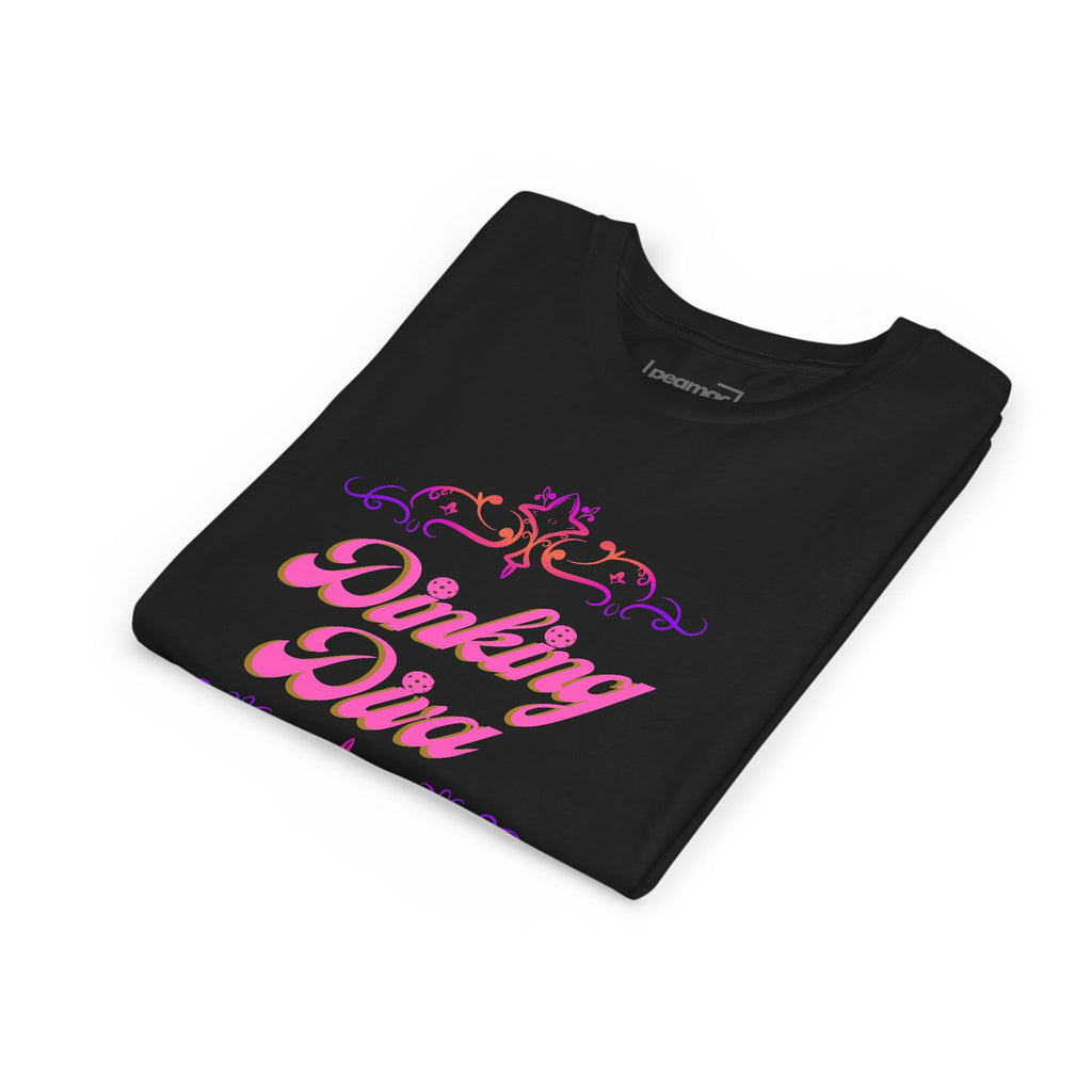 Dinking Diva Fun Youth Kids T-Shirt for Pickleball, Parties, Birthdays, and Everyday Wear, Pink Lettering, Gift for Girls