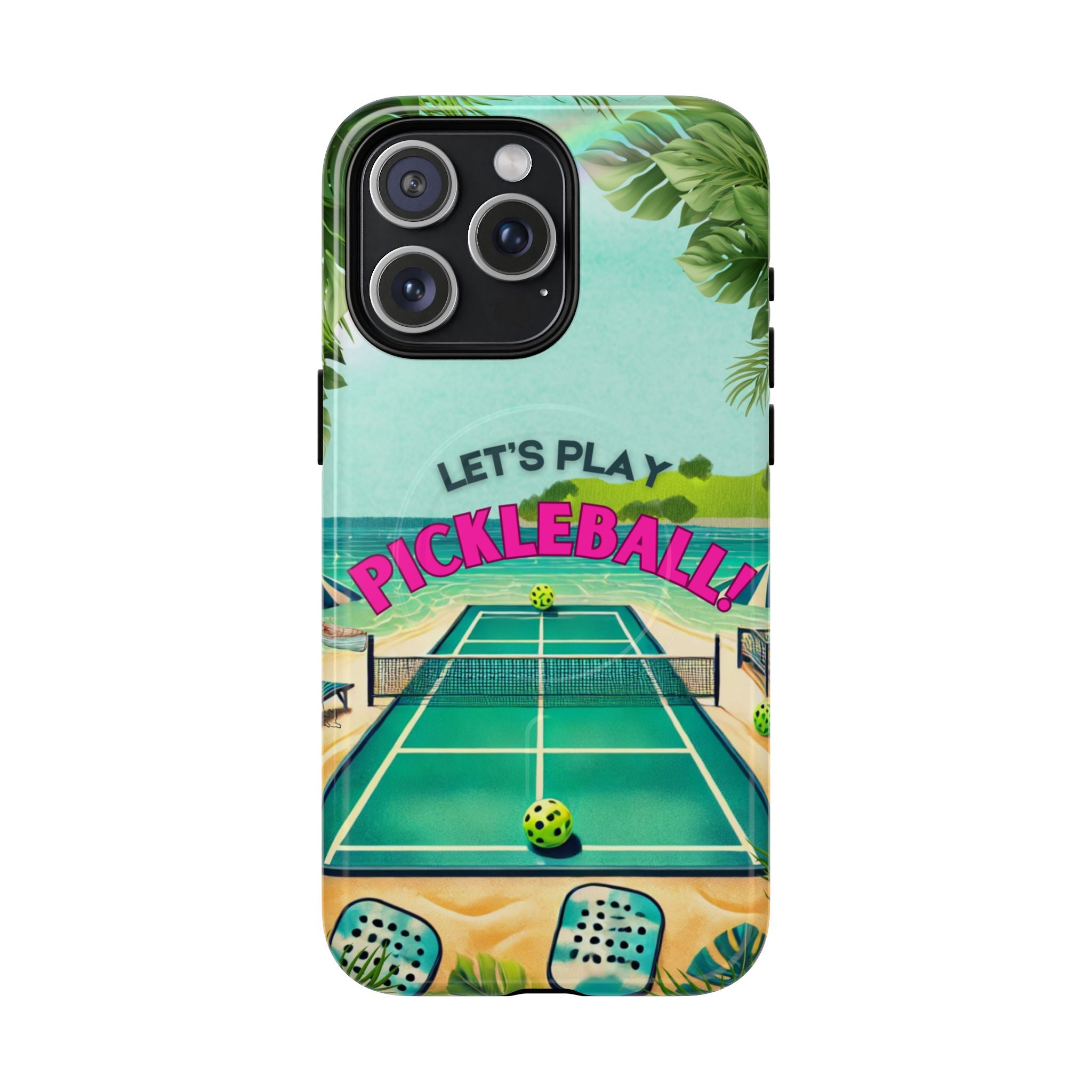 Tough Magnetic Phone Case for iPhone 15 Tropical Pickleball Case Compatible with MagSafe® Wireless Charging, Player Gift