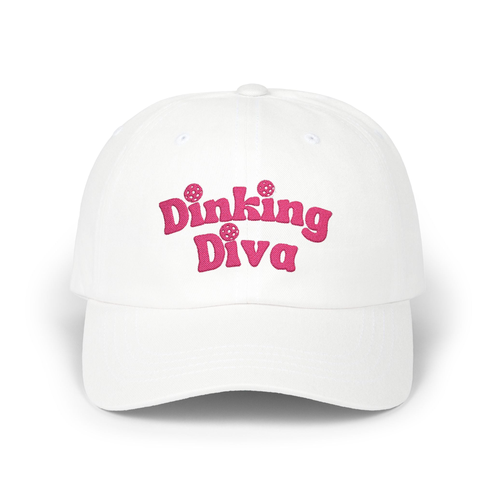 Dinking Diva Embroidered Pickleball Classic Baseball Cap, High Quality, Cotton, Antique Brass Buckle Closure, Gift for Women