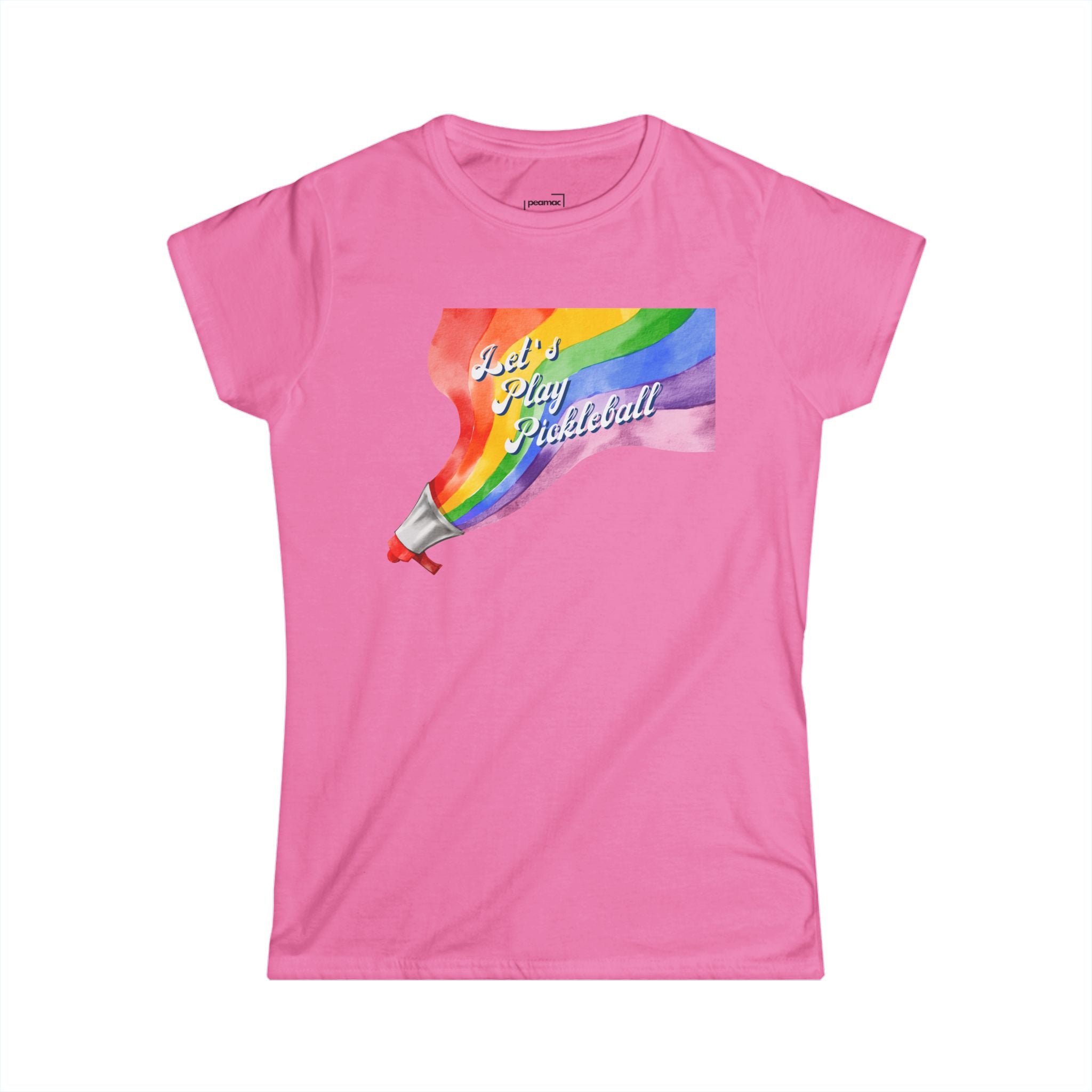 Shout It Out Proud – Let’s Play Pickleball Women's Softstyle T-Shirt, LGBTQ+ Rainbow Megaphone Design, Inclusive
