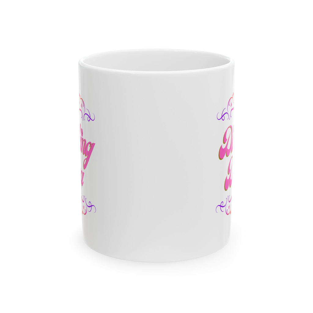 Pickleball Mug, Dinking Diva Ceramic Coffee Cup, Pink Text Dink Game Finesse, Filigree Borders, Dishwasher Microwave Safe,