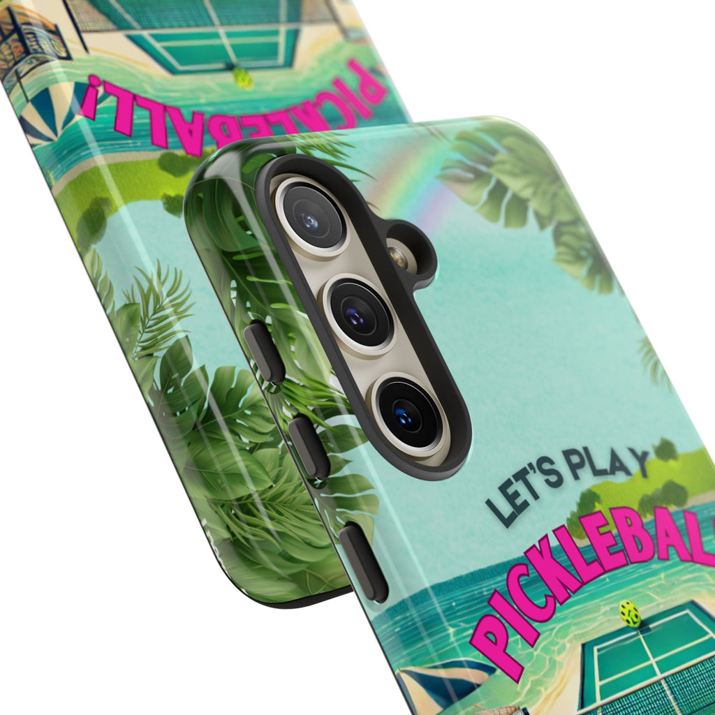 Tough Dual Layer Tropical Pickleball Phone Case for Samsung Galaxy S24 Compatible with Wireless Charging, Gift for Players