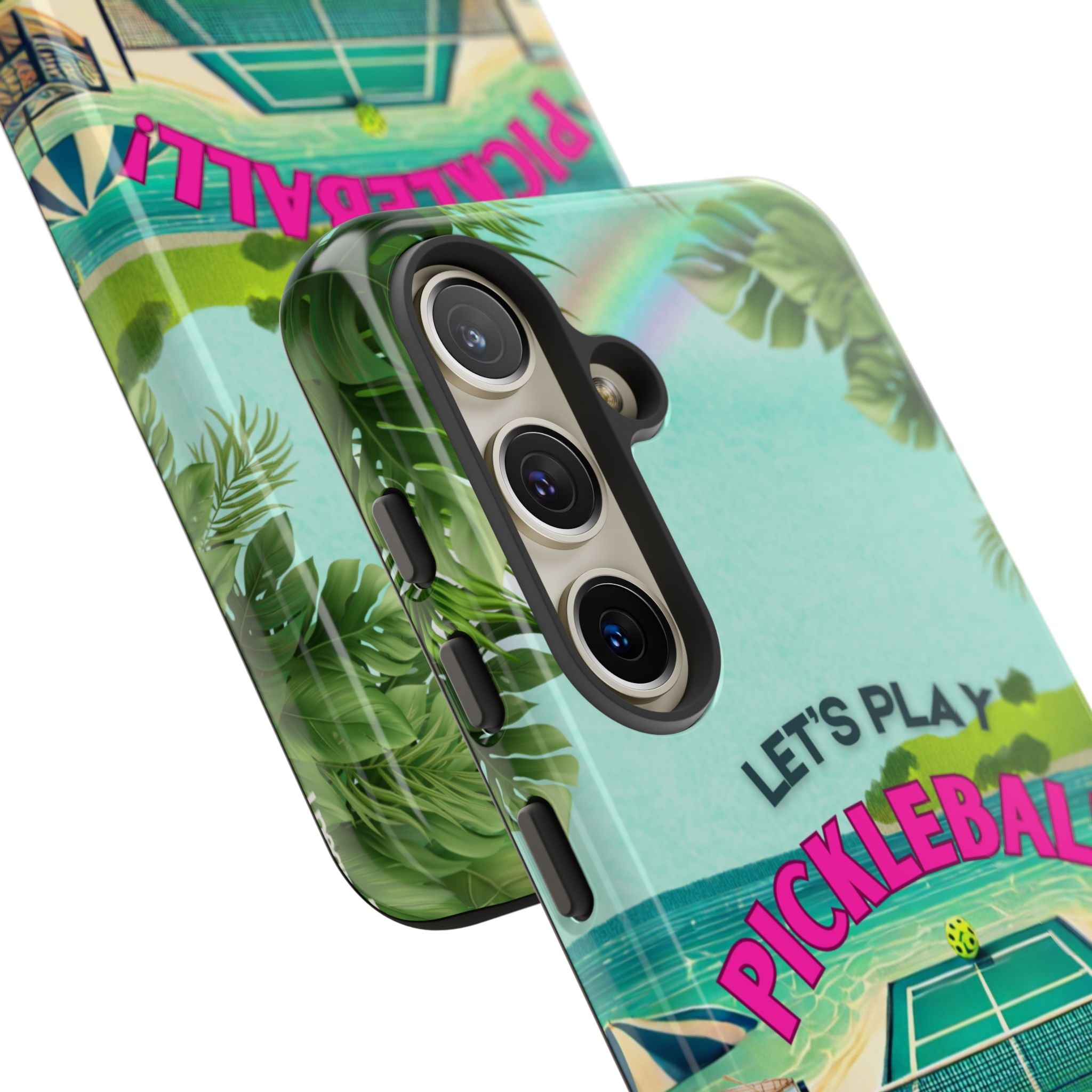 Tough Dual Layer Tropical Pickleball Phone Case for Samsung Galaxy S24 Compatible with Wireless Charging, Gift for Players