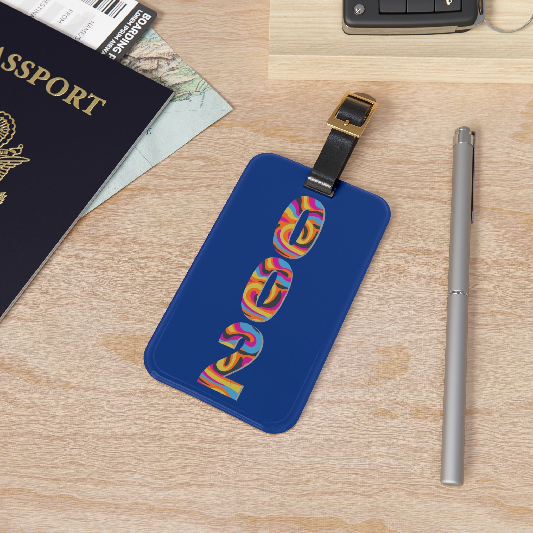 002 Pickleball Pickleball Luggage Tag | Dark Blue with Retro Psychedelic Numbers | Leather Strap with Buckle | 4 X 2.4 inches