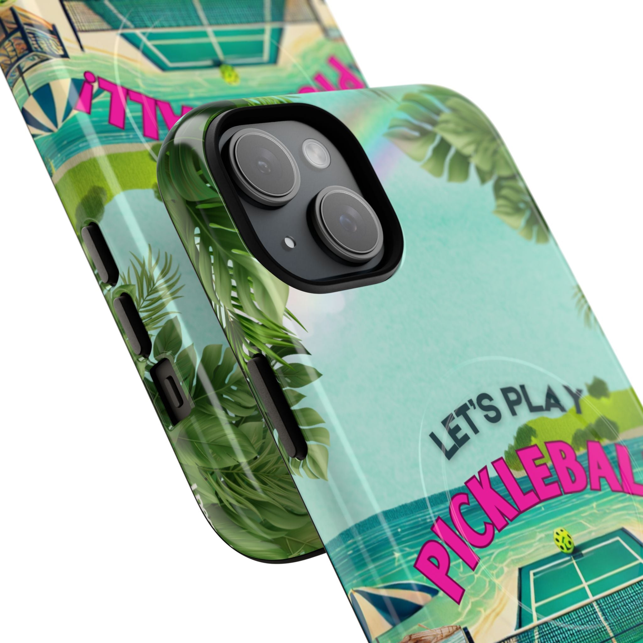 Tough Magnetic Phone Case for iPhone 15 Tropical Pickleball Case Compatible with MagSafe® Wireless Charging, Player Gift